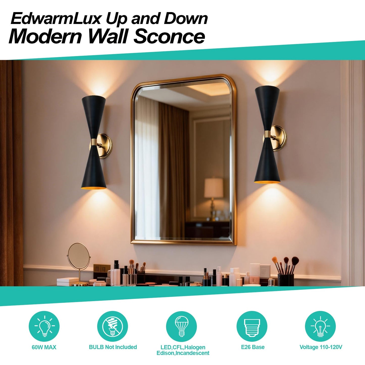 Edwarmlux Indoor Wall Sconces, Modern Wall Lights, Up and Down Wall Mount Light, Dimmable Hardwired Wall Light for Bedroom, Living Room, Hallway