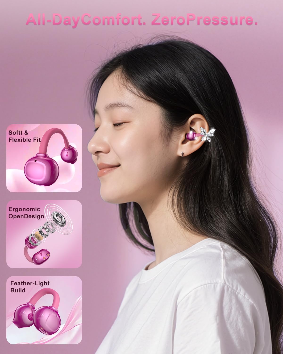 Alfu Bluetooth Wireless Open Ear Earbuds: Jewelry Clip On Headphones with Butterfly Earrings - Bluetooth 6.0 IPX5 Waterproof Earphones with Fashion…