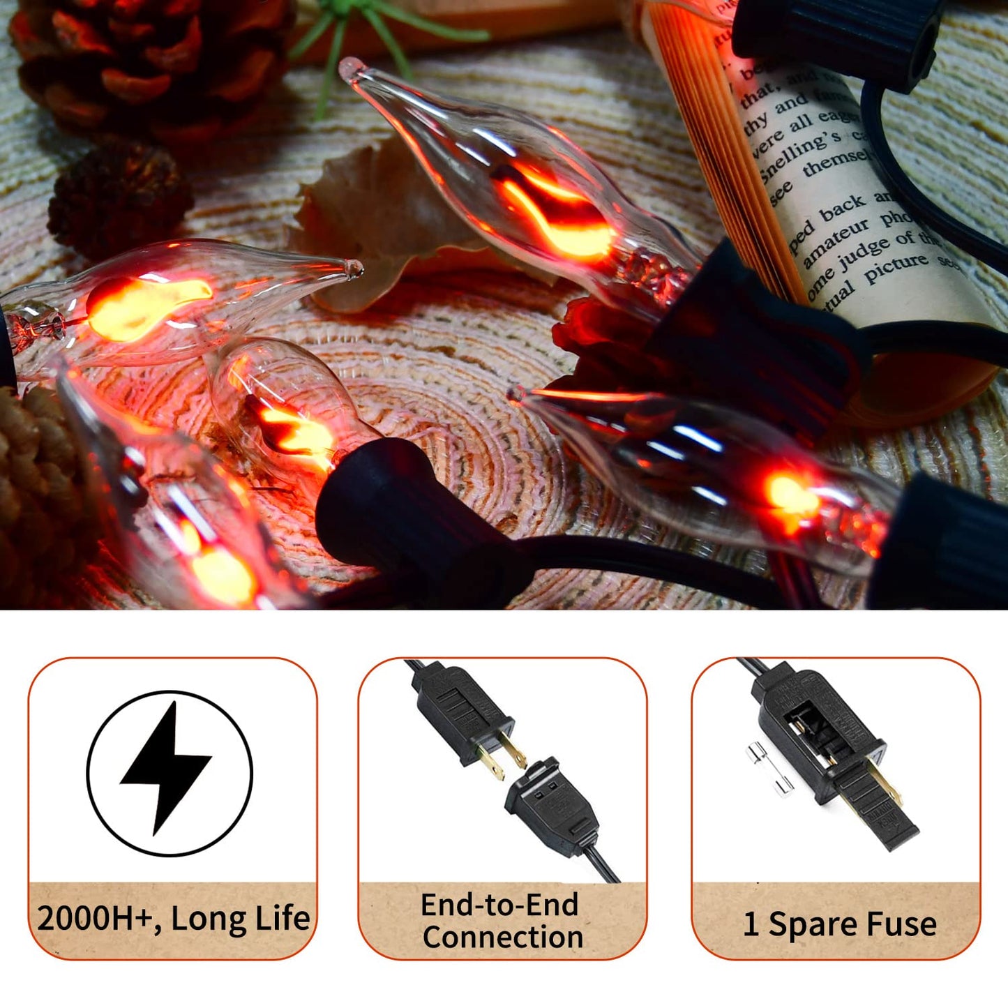 27.8Ft Halloween Decorations Flickering Flame String Lights with 29 Pack Clear Glass Flame Light Bulbs (4 Spare), E12 Base, Great for Christmas