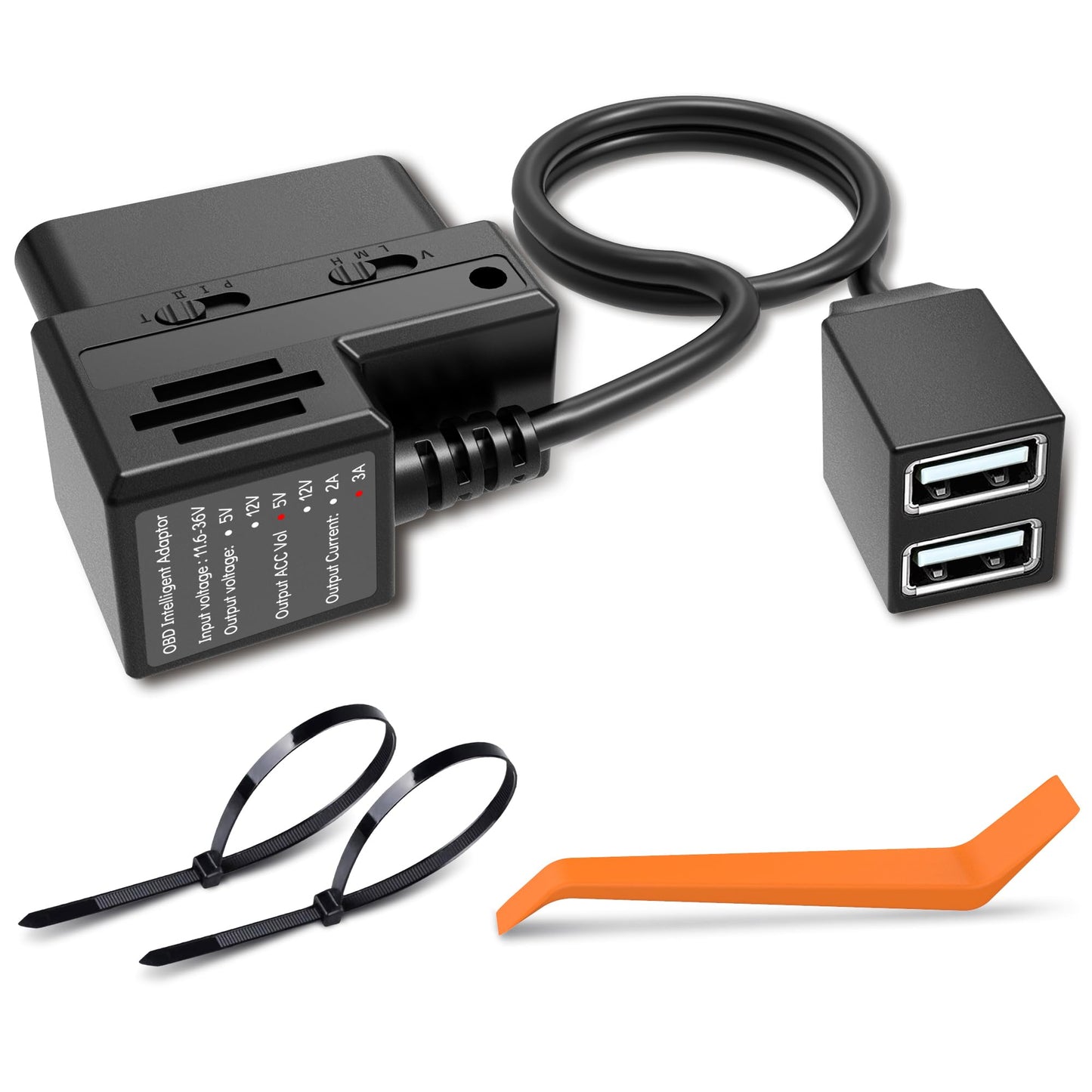 XHQLZMLE OBD Power Cable for Dash Cam, OBD-II Power Adapter with Dual USB Ports, 24H Parking Mode, Low Voltage Protection, Compatible with Garmin Dash