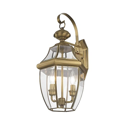 Livex Lighting 2251-01 Monterey 2 Light Outdoor Antique Brass Finish Solid Brass Wall Lantern with Clear Beveled Glass