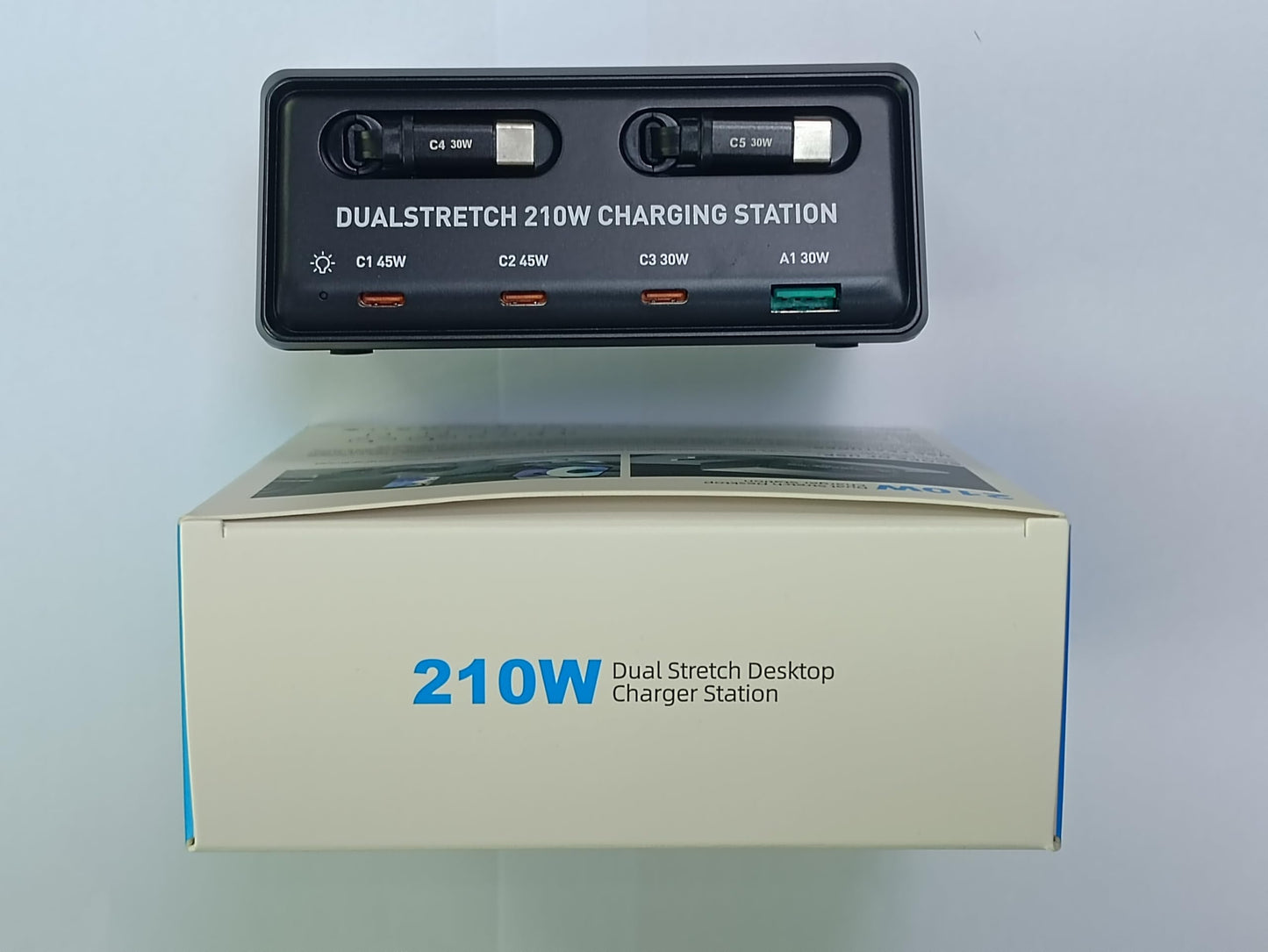 Retractable Charger, 6-in-1 GaN USB C Charging Station for Multiple Devices, Dual 2.3ft Built-in Retractable Cables, PD 45W Fast Usbc Desktop Charger
