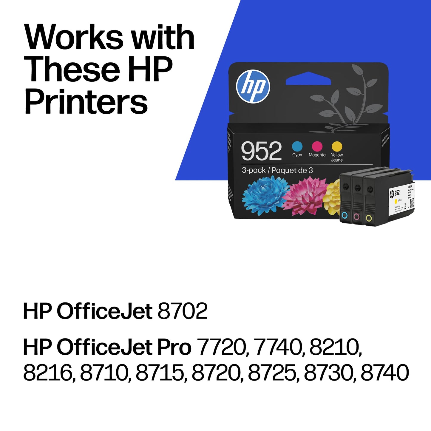 HP 952 Cyan, Magenta, Yellow Ink Cartridges (3-Pack) | Works with OfficeJet 8702, Pro 7720, 7740, 8210, 8710, 8720, 8730, 8740 Series | N9K27AN