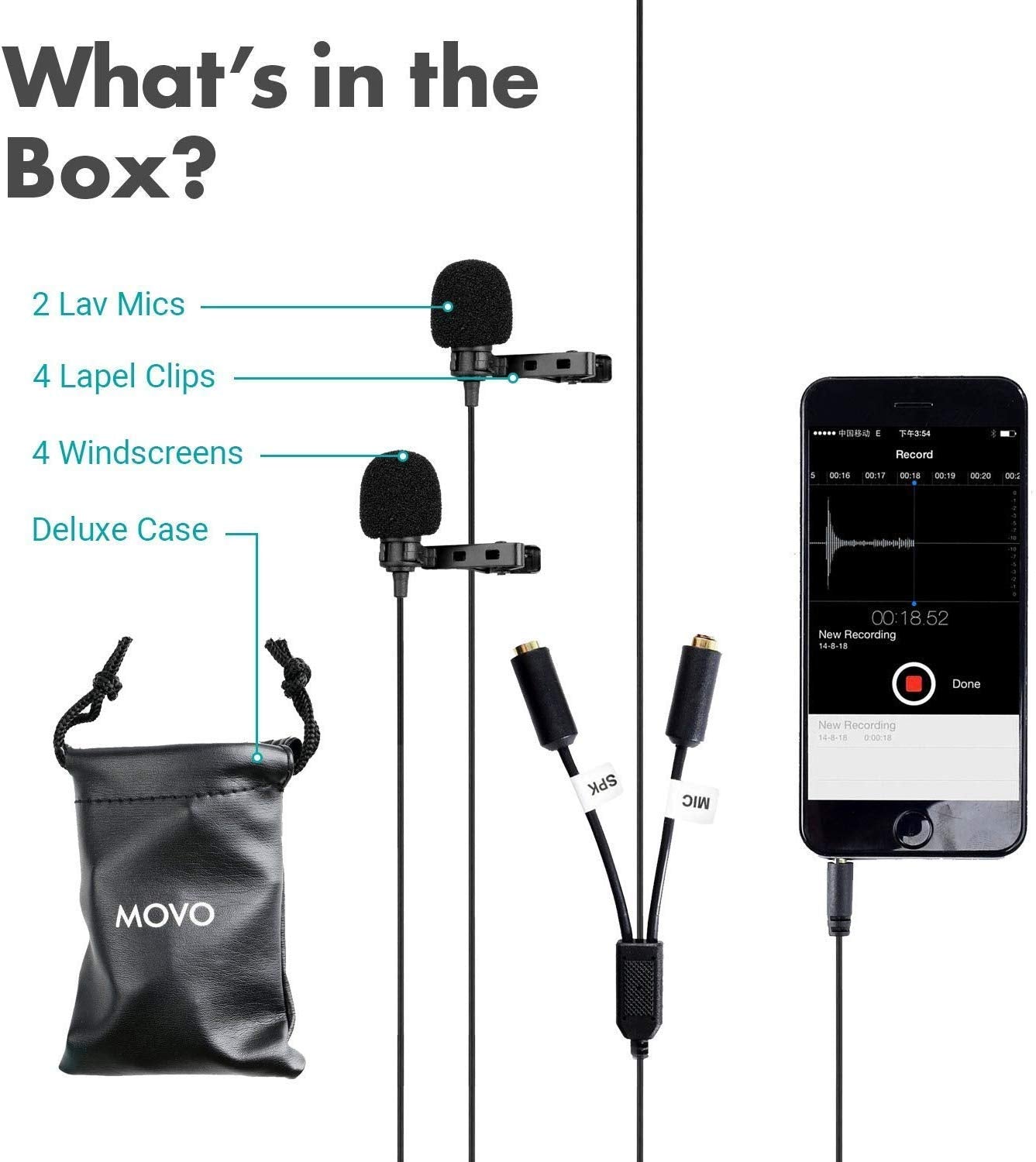 Movo Professional Lavalier Lapel Clip-on Interview Podcast Microphone with Secondary Mic and Headphone Monitoring Input for iPhone, iPad, Samsung