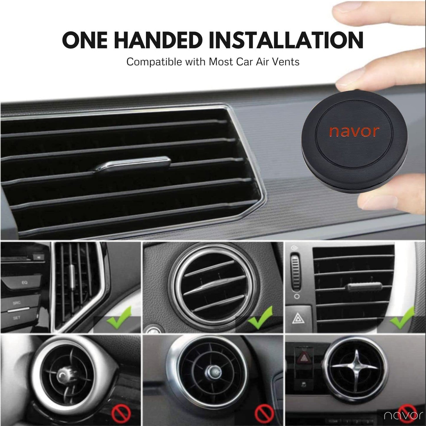 Navor Universal Air Vent Magnetic Car Mount in Black, 2 Pack, Compatible with iPhone 7 Plus, Magnetic Phone Holder for Cars
