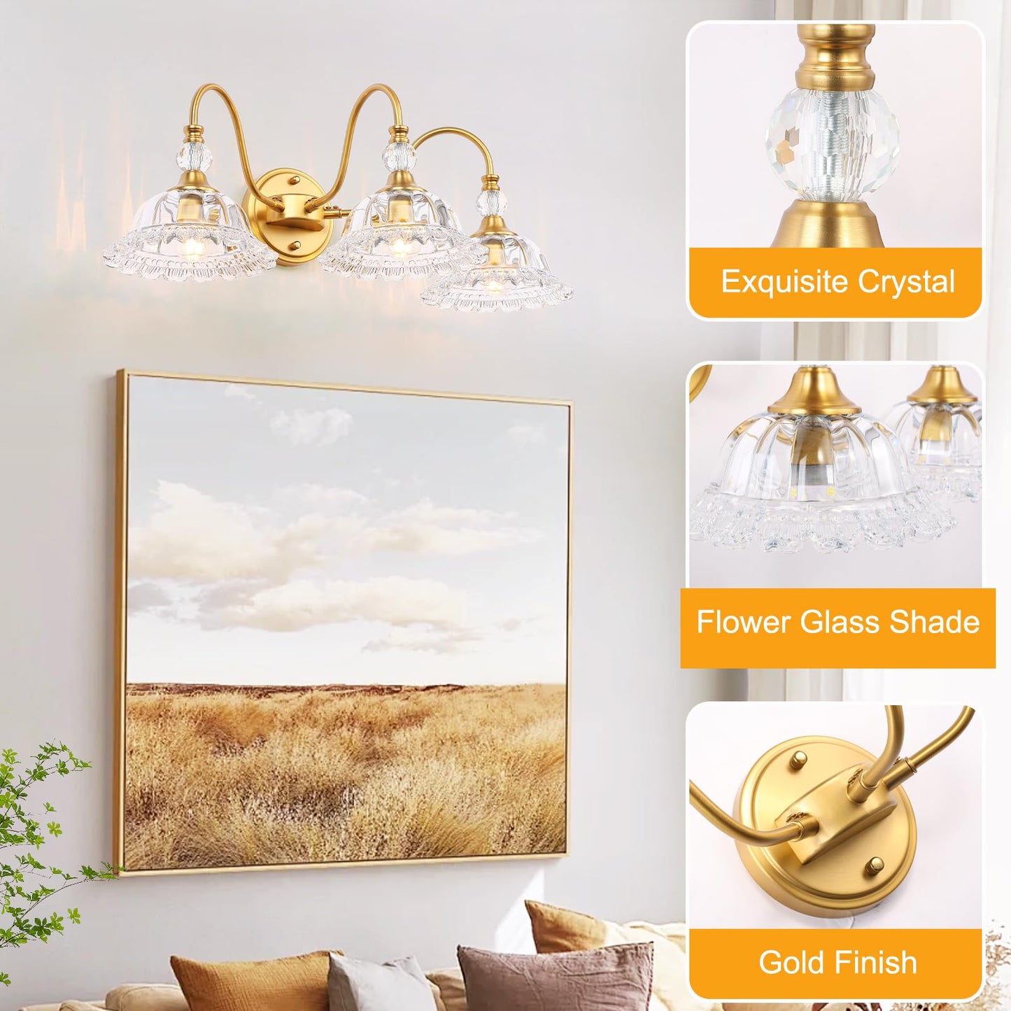 ZHUOER Modern Bathroom Vanity Light Fixtures 3 Lights Brushed Gold Vanity Lights for Bathroom with Floral Crystal Glass Shade Modern Wall Lighting