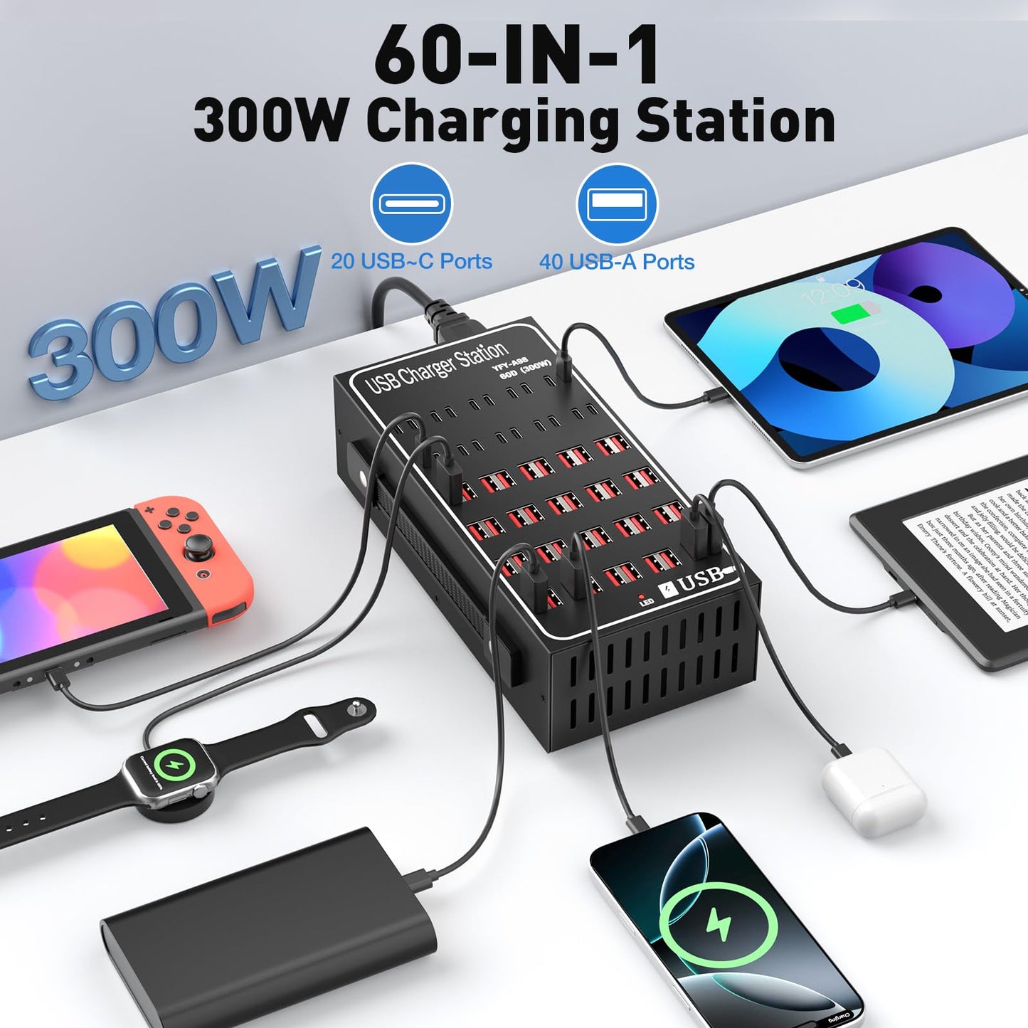 Multiple USB Charging Station 60 Port (40 USB A & 20 USB~C Port), MIXILIN 300W(60A) Fast Charger Station with Power Switch, Desktop USB~C Charger