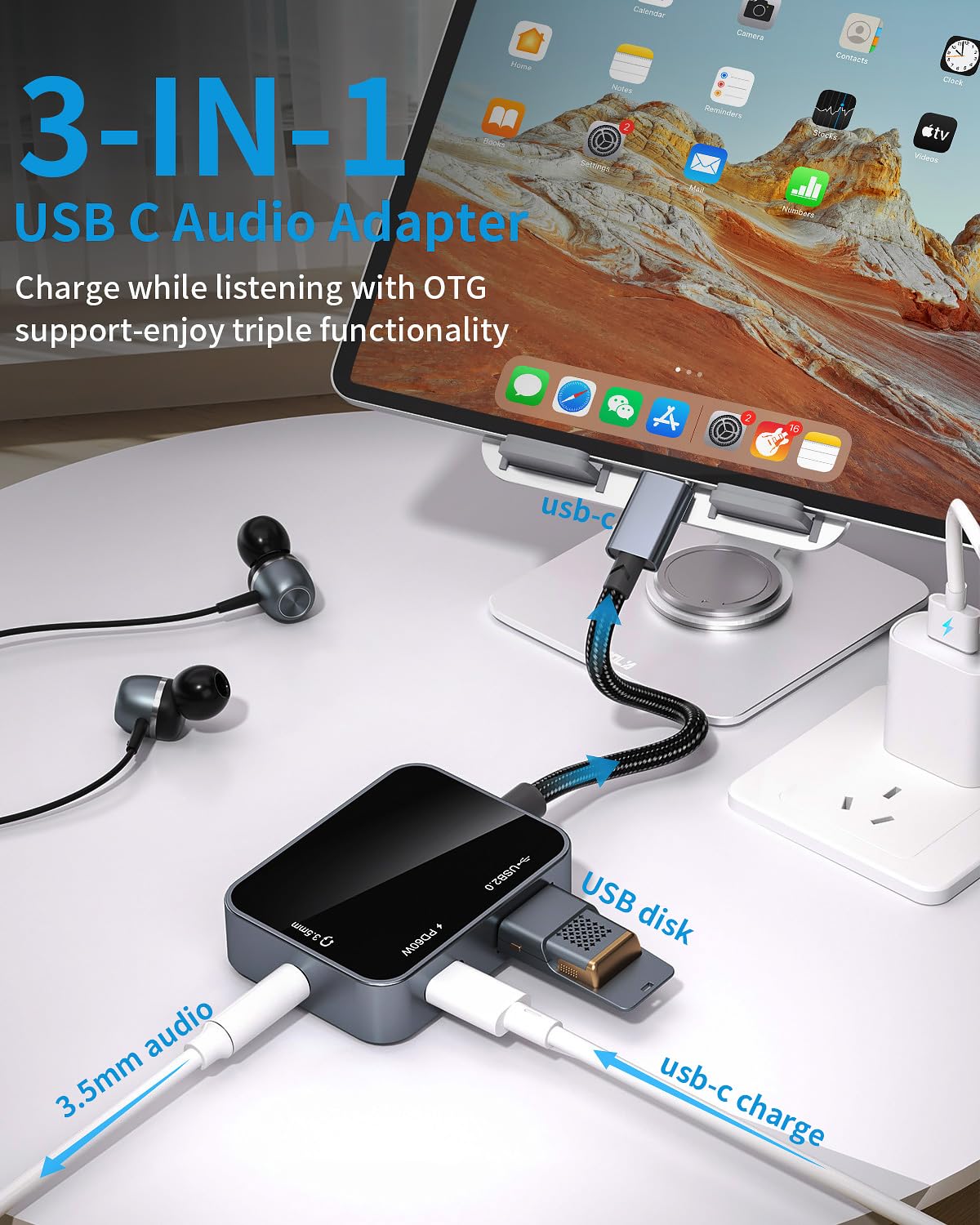 USB C to 3.5mm Audio Adapter 3-in-1 USB-C Headphone Adapter with USB OTG Data Port & 60W PD Charging, Type-C Aux to 3.5mm Converter Compatible