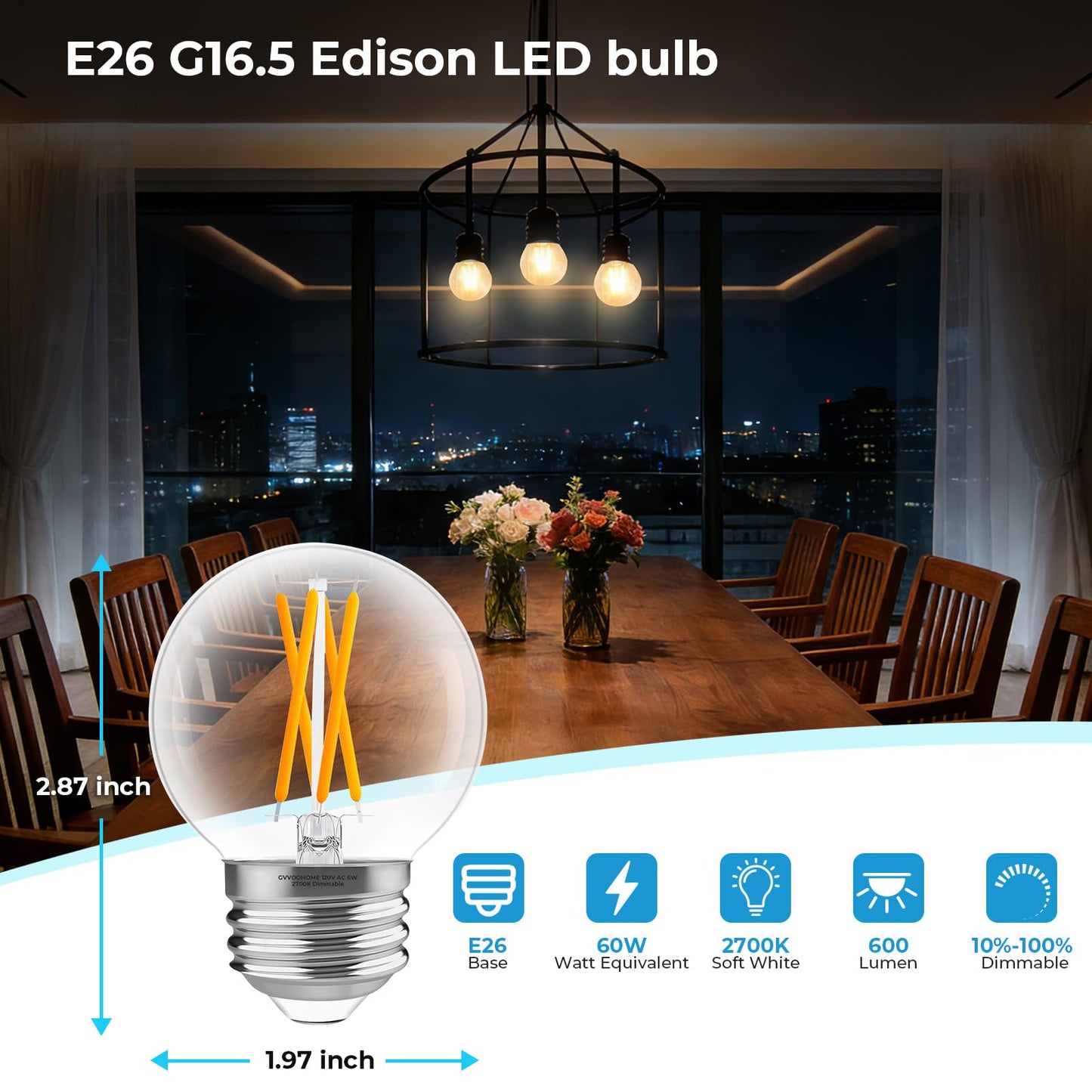 GvvooHome E26 G16.5 Edison Globe LED Bulb, 60W Equivalent, 2700K Warm White