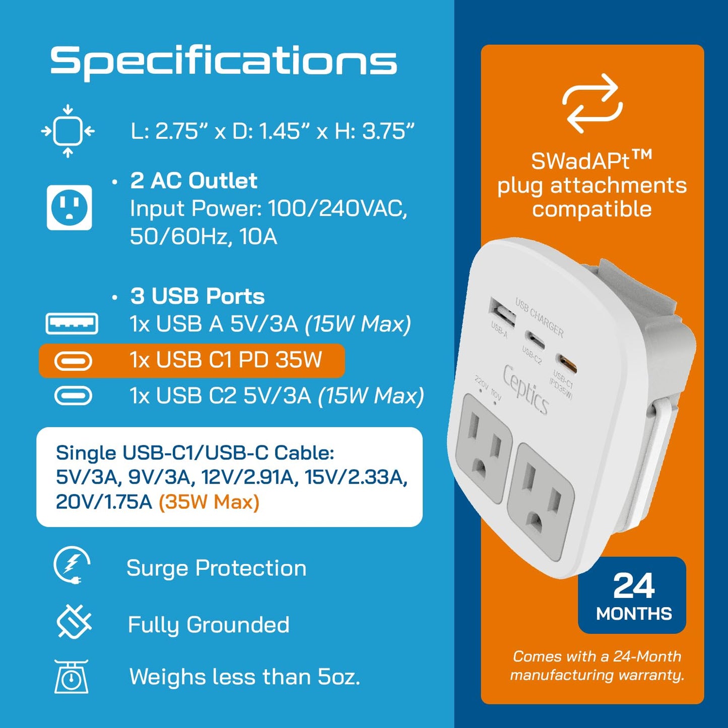 Ceptics Universal Travel Adapter Kit – 2 USA Sockets, USB-A, USB-C PD 35W + Cable, Surge Protected Plugs for EU, UK, AU, China, Japan, ETL Tested