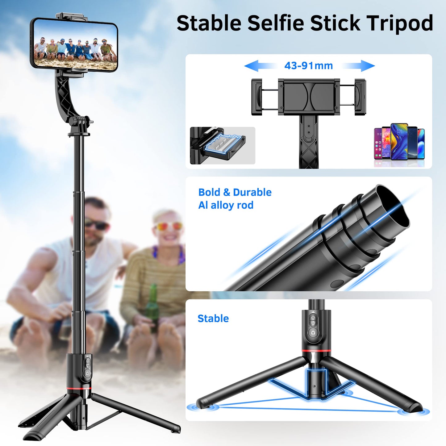 Smartphone Gimbal Stabilizer with Remote, Aluminum Extendable Selfie Stick Tripod, 360° Automatic Rotation, Auto Balance for Live Video Recording