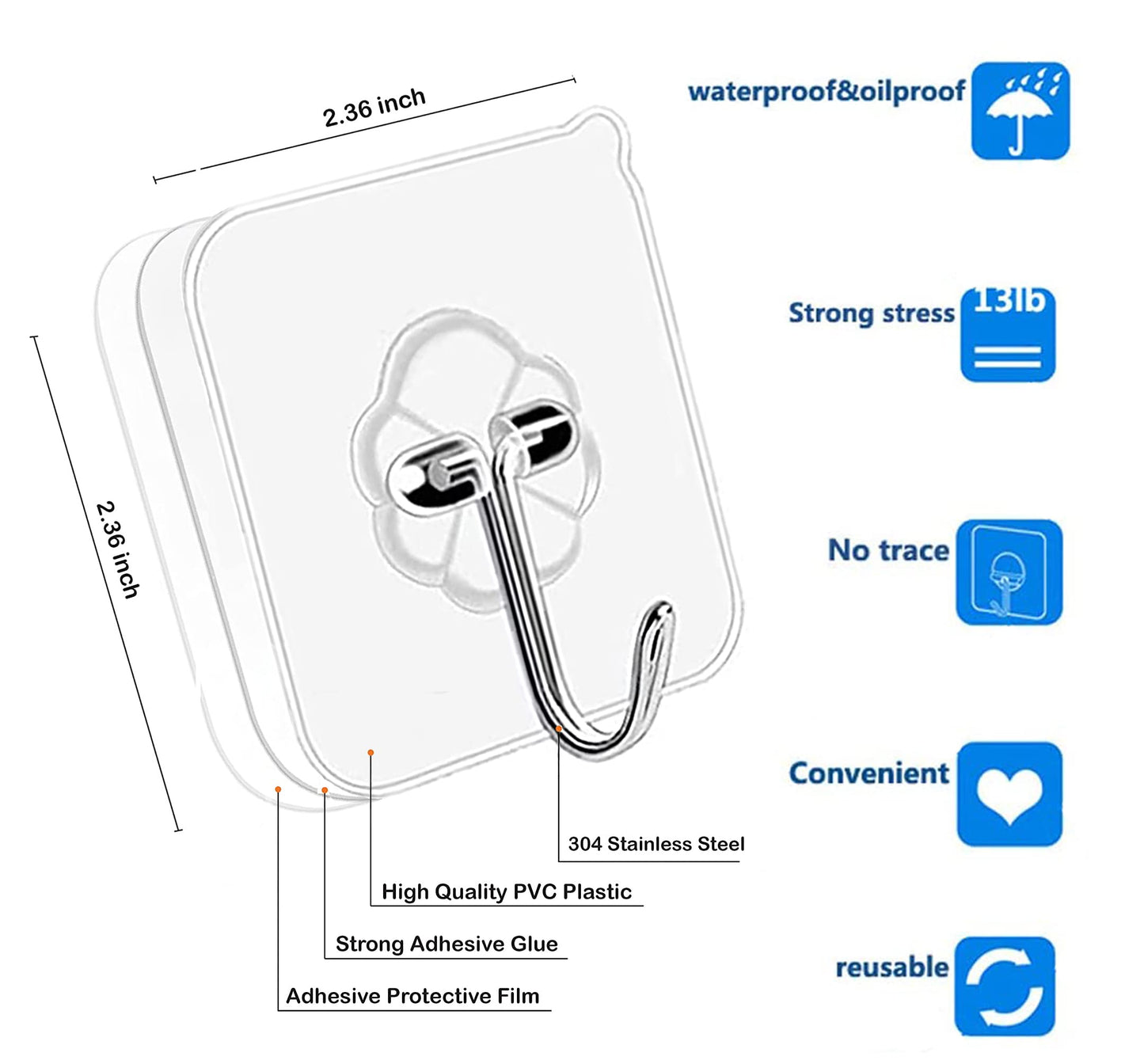 Adhesive Kitchen Wall Hooks, 24-Pack Heavy Duty 24lb Max, Transparent Waterproof Nail-Free Stainless Hangers for Keys, Bathroom, Outdoor & Home