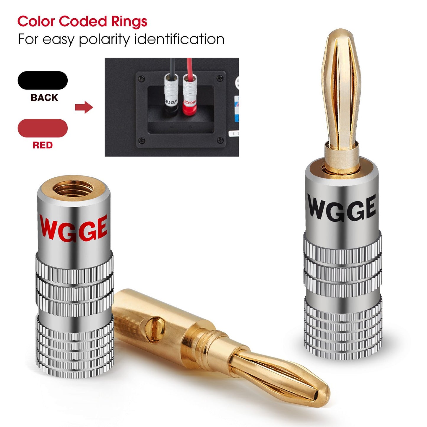 WGGE WG-009 Banana Plugs Audio Jack Connector, 24k Gold Dual Screw Lock Speaker Connector for Speaker Wire, Wall Plate, Home Theater, Audio/Video
