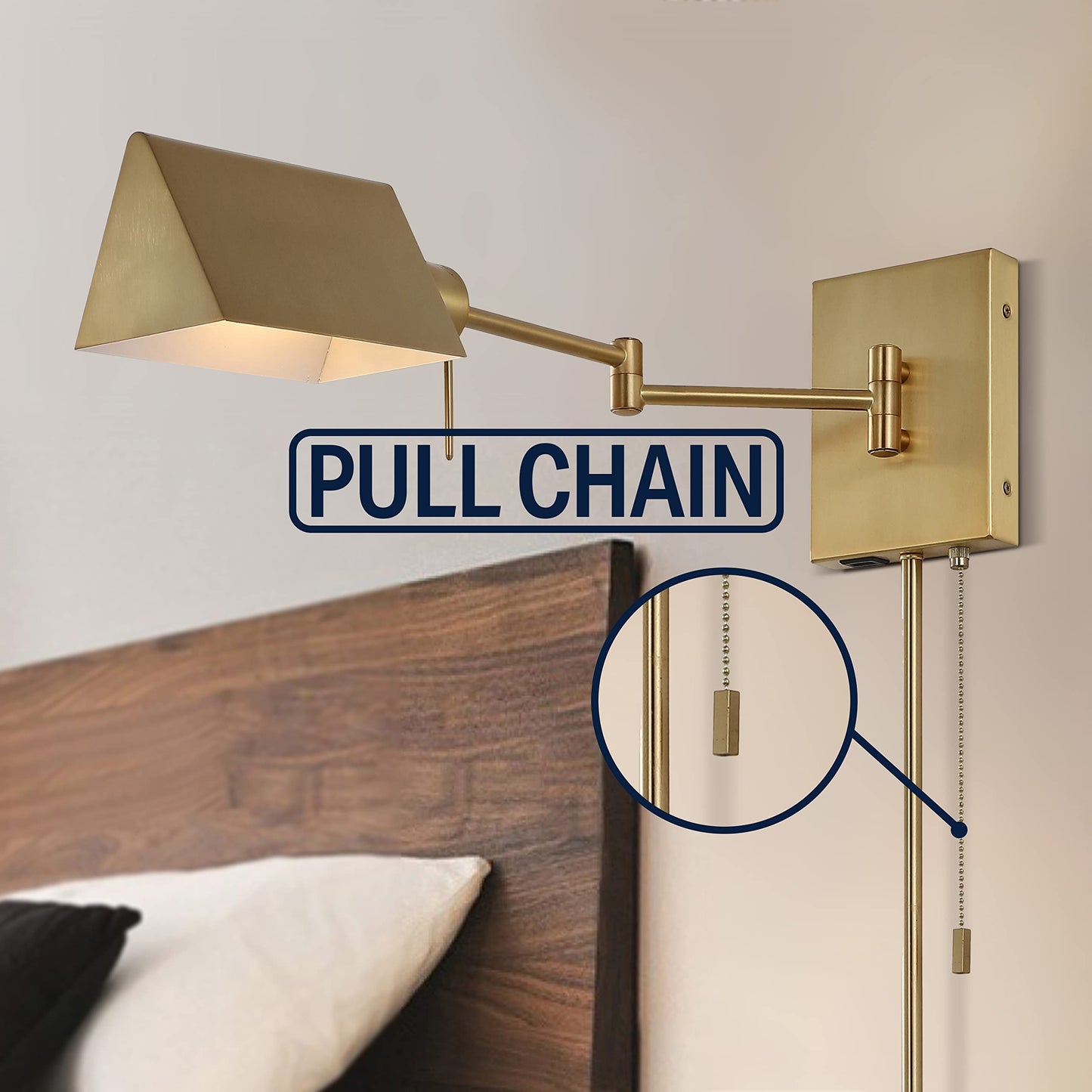 JONATHAN Y 22" Brass Gold Swing Arm Wall Sconce, Plug-in or Hardwired with USB Charging Port and Pull Chain, Iron Shade, Industrial LED Reading Lamp
