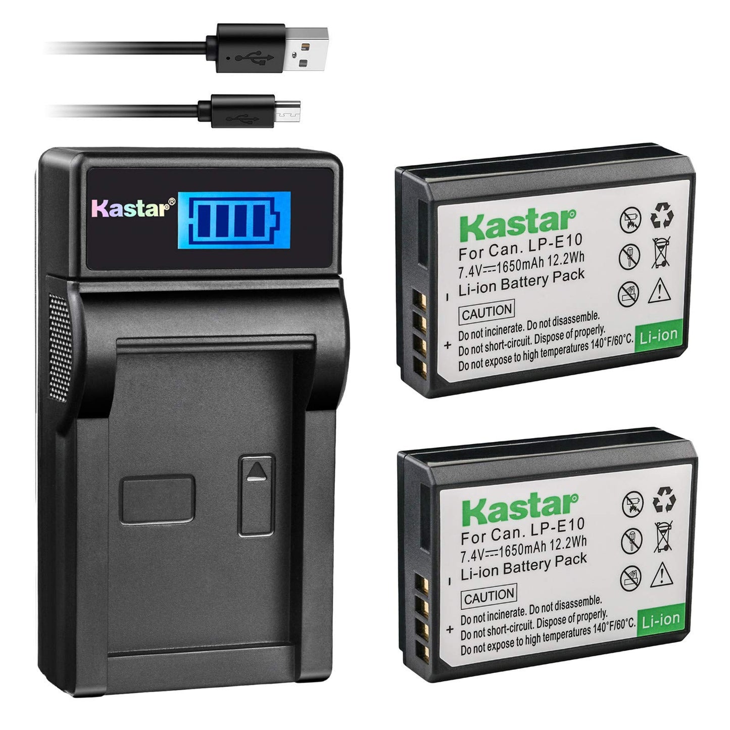 Kastar Battery Pack (X2) & Slim LCD Charger for LP-E10, LC-E10 and EOS 1100D, 1200D, Rebel T3, T5, Kiss X50, X70 DSLR Cameras & LPE10 Grip