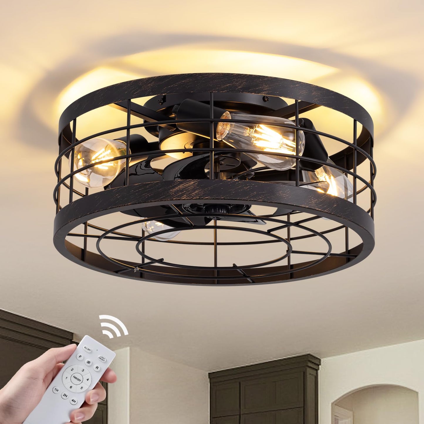APBEAMLighting Small Caged Ceiling Fan with Light Flush Mount, 16.14''