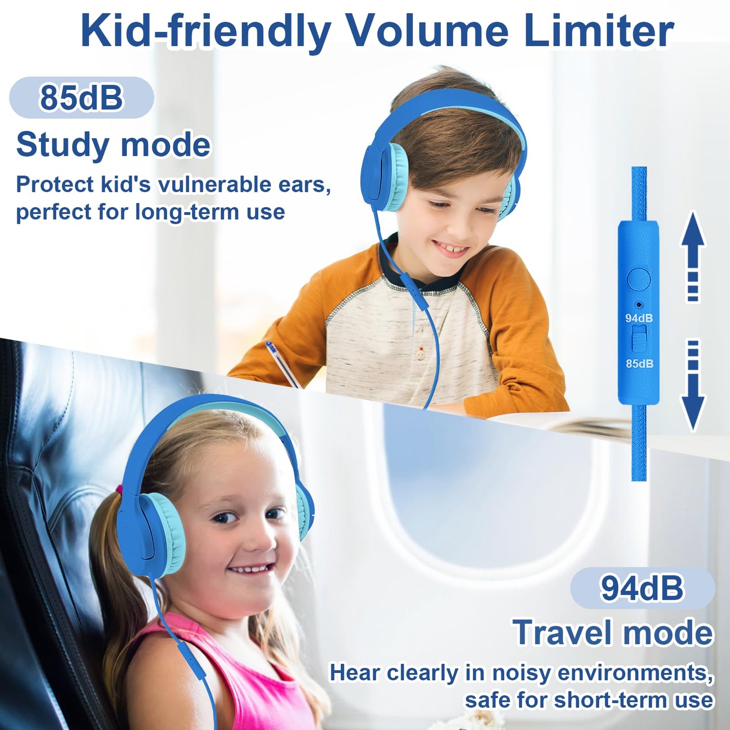 FNSHIP Kids Wired Headphones with Microphone, 85/94dB Safe Volume Limiter,Foldable,3.5mm Jack Over-Ear Cord Headset for Online Study/Travel…