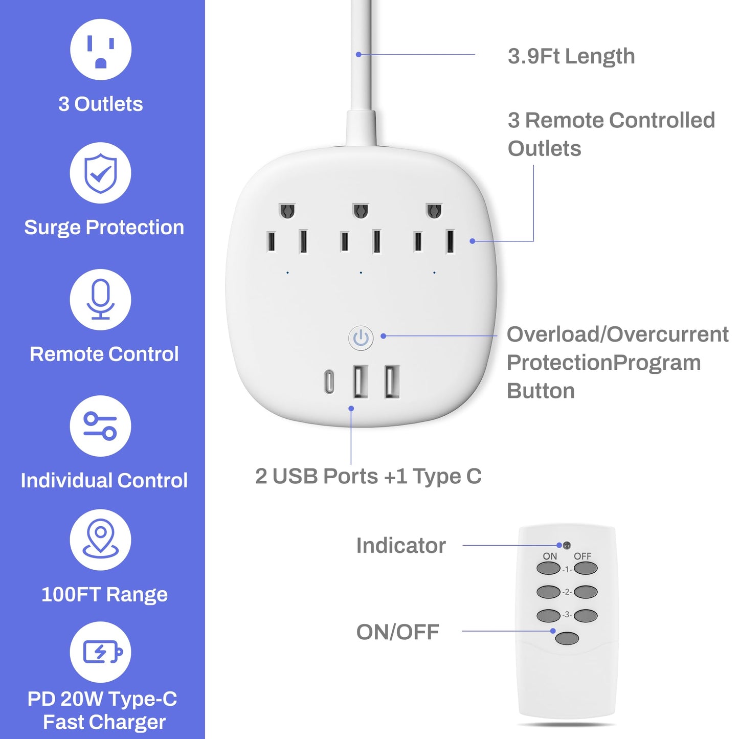 BN-LINK Remote Control Surge Protected Power Strip with 3 Individually Controlled Outlets, PD 20W Fast Charging USB-C, 3.9 FT Plug Extension Cord, 3
