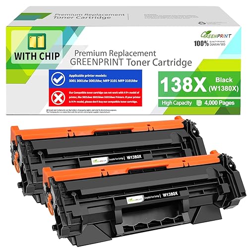 GREENPRINT ? with CHIP 138X W1380X ( 138A W1380A ) Compatible Toner Cartridge 2 Blacks High Yield 4000 Page for H P 3001dw 3001fdw 3101fdw 3101sdw