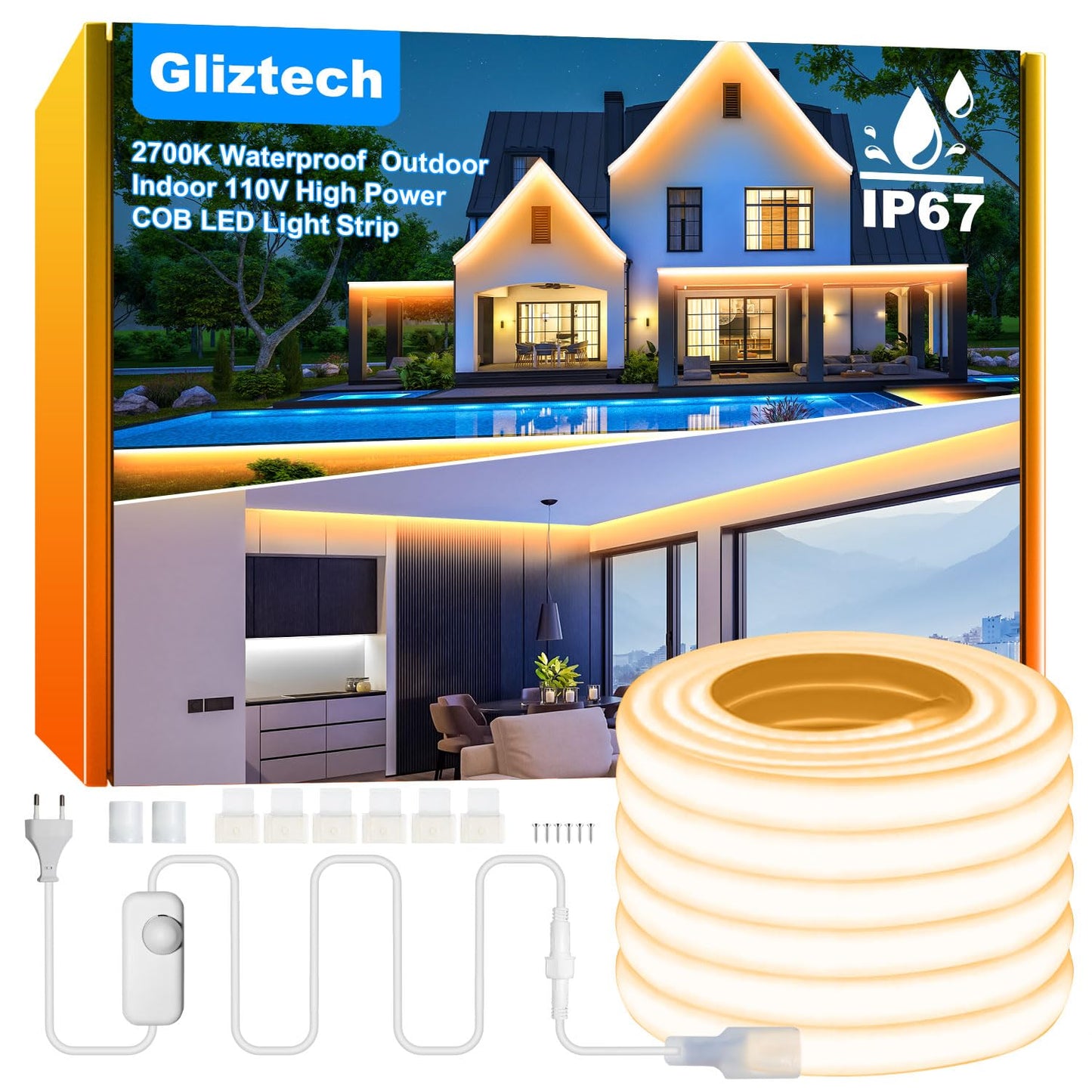 Gliztech IP67 Waterproof COB LED Strip Lights AC 110V-120V Direct Plug, 66FT Super Bright Outdoor Strip Lights with Double Fuse Controller, LED Strips