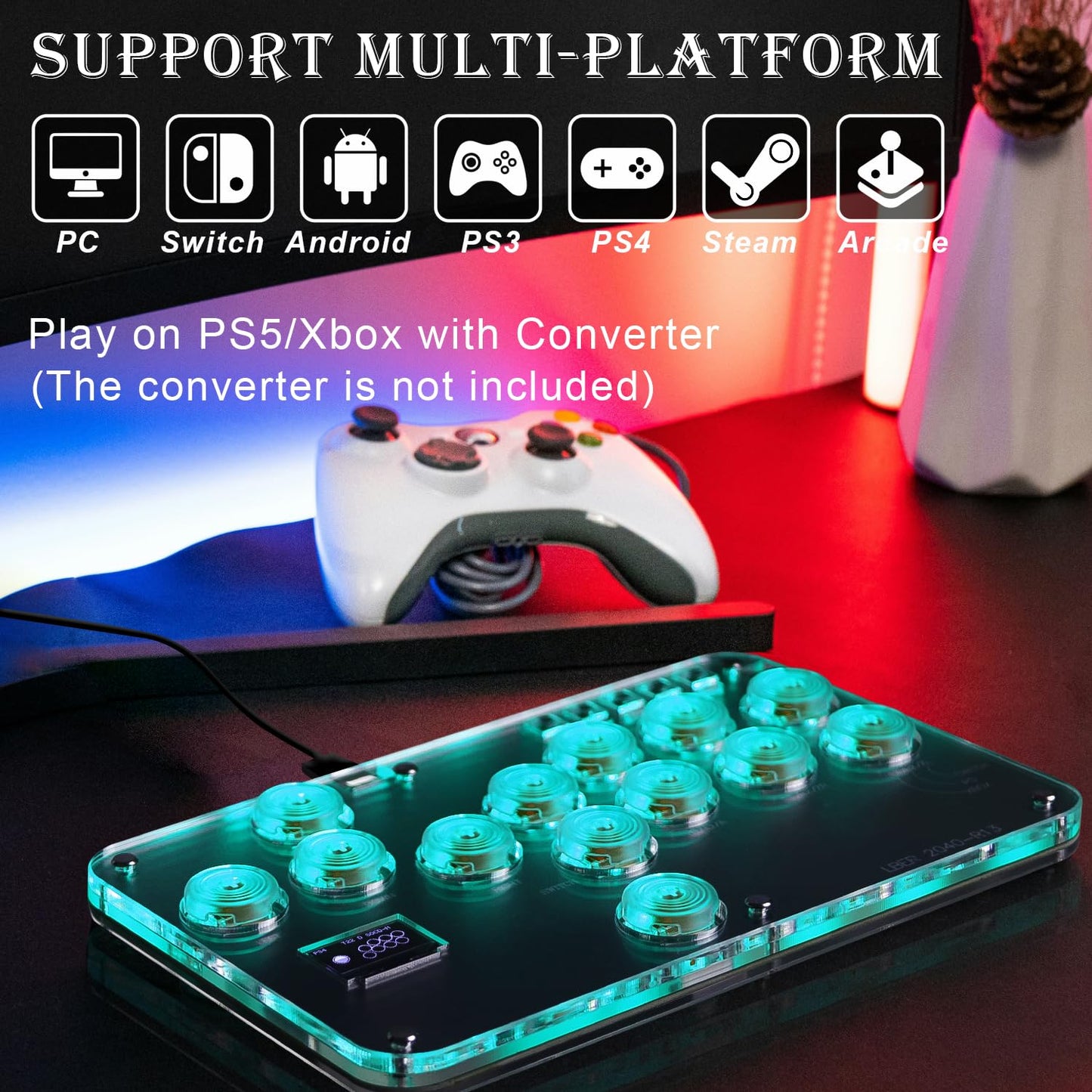 Arcade Stick Game Keyboard R13, Leverless Controller Arcade Stick with Turbo & Custom RGB, Silent All-Button Arcade Controller Street Fight