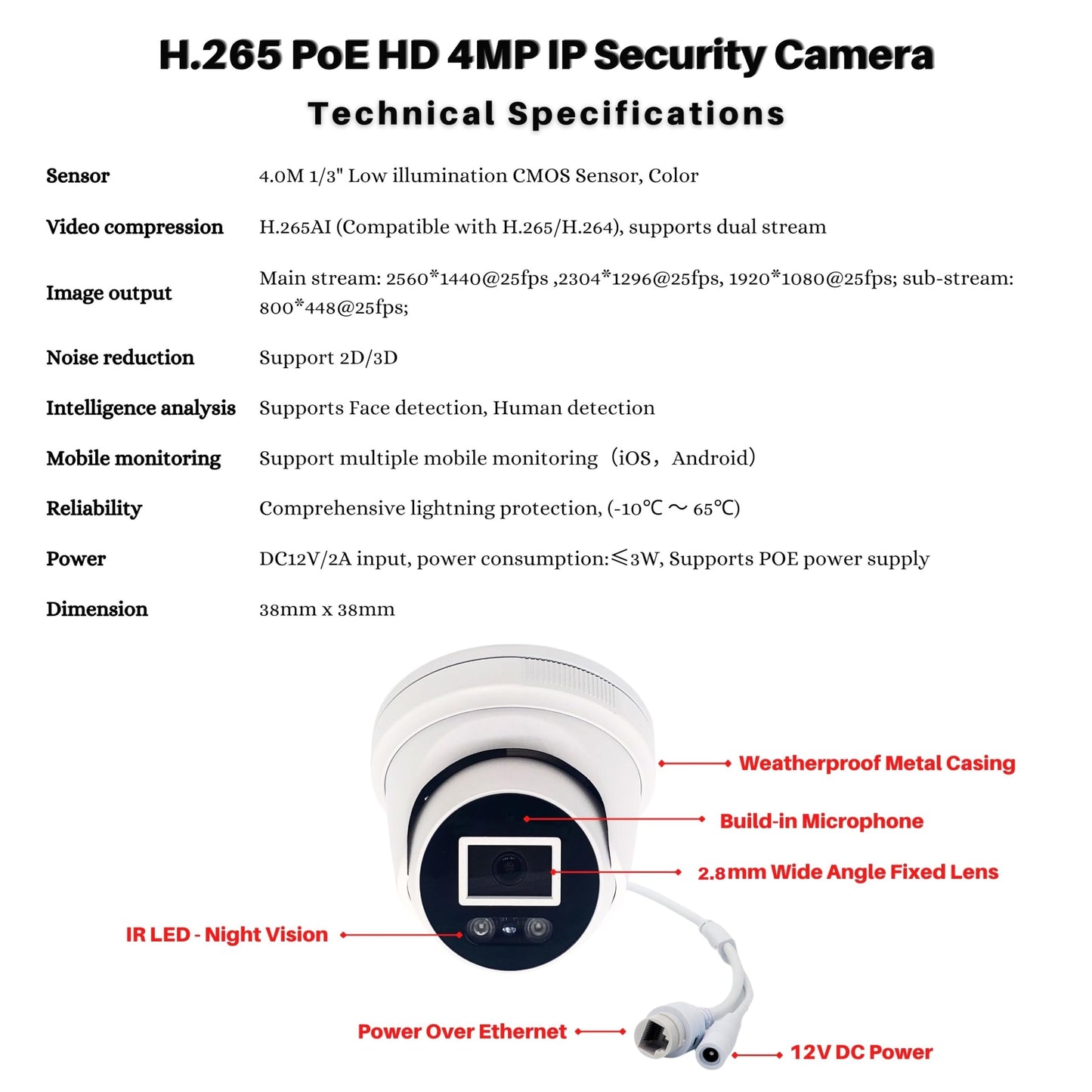 Evertech H.265 5MP IP PoE Network Indoor Outdoor Dual Light Full Color Security Surveillance Dome Camera with 2.8mm Fixed Wide Angle Lens and Built-in