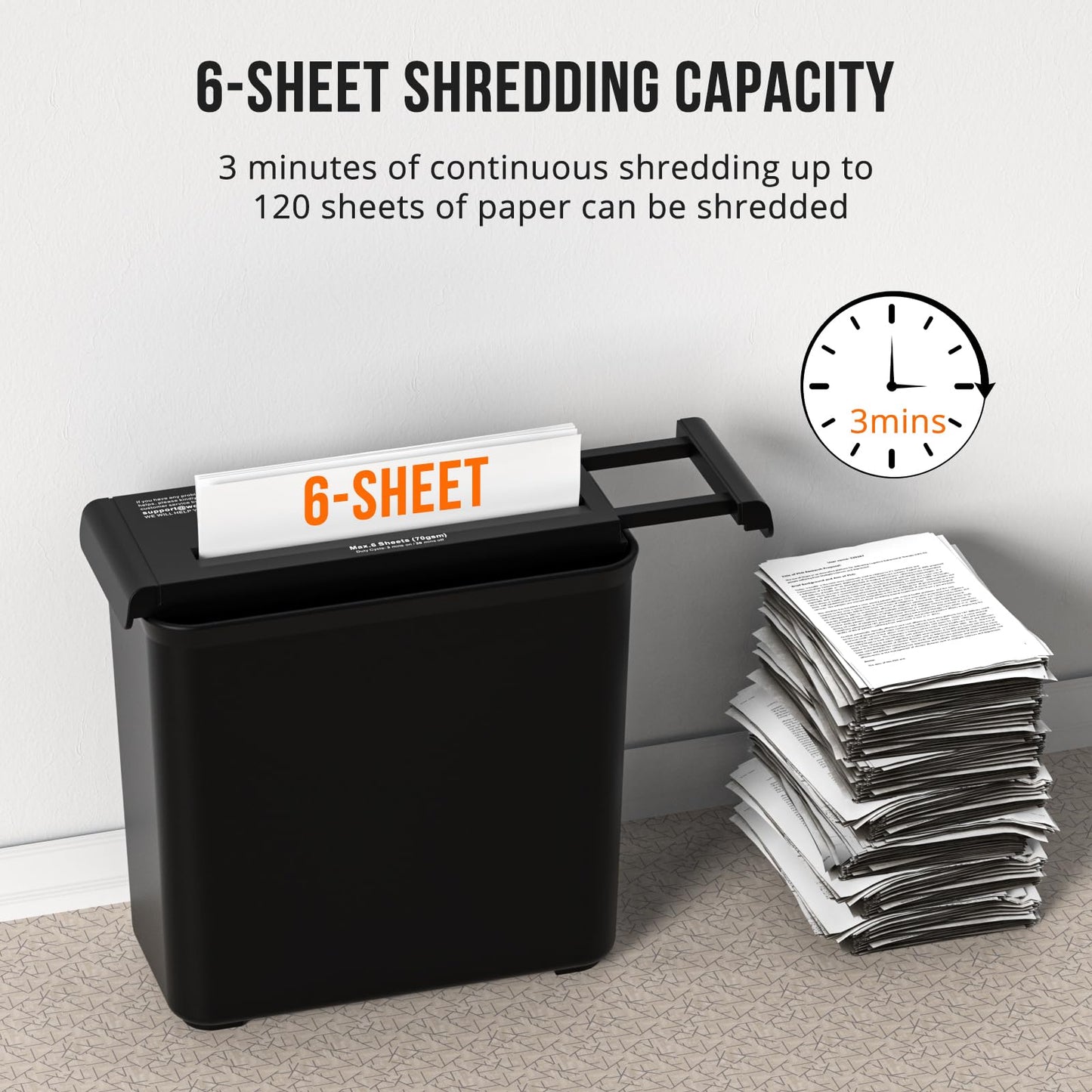 6-Sheet Strip Cut Paper for Home Office, Small Paper Shredder with Auto-Off Compact, Portable Design, No Basket, Extendable Arm, Black