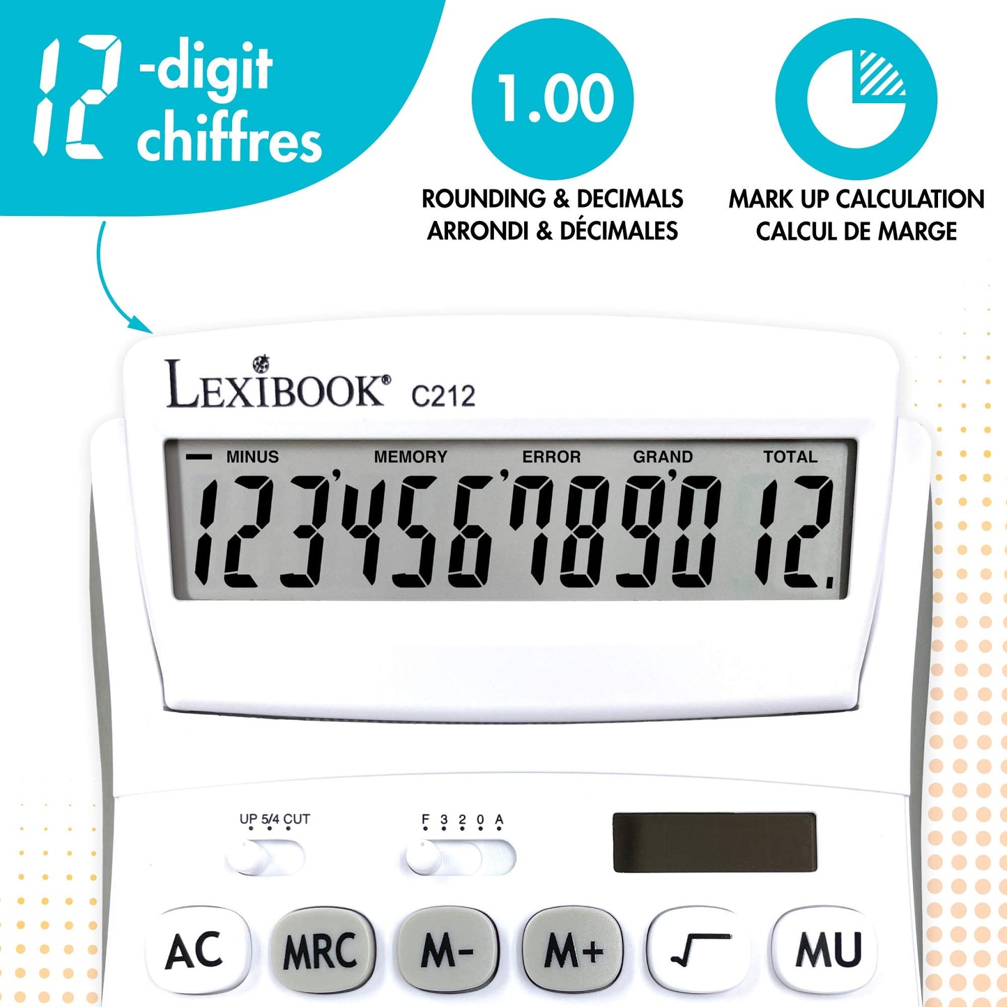 Lexibook - 12 Digit Desktop Calculator with Folding Display - Basic and Memory Function - Large Keys and Screen for Office, School, Home - Solar