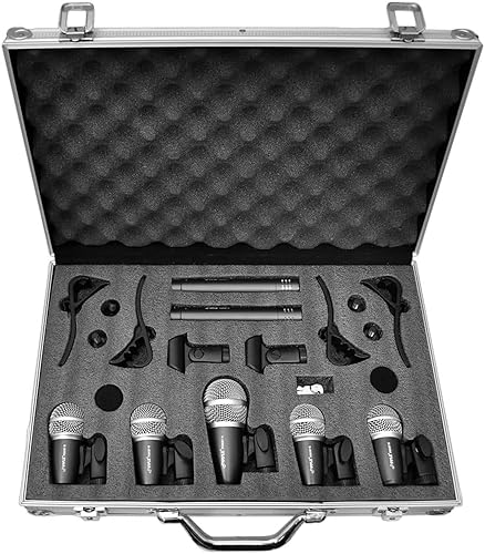 Pyle 7-Piece Wired Dynamic Kit-Kick Bass, Tom/Snare & Cymbals Microphone Set-for Drums, Vocal, & Other Instrument-Complete with Thread Clip, Inserts