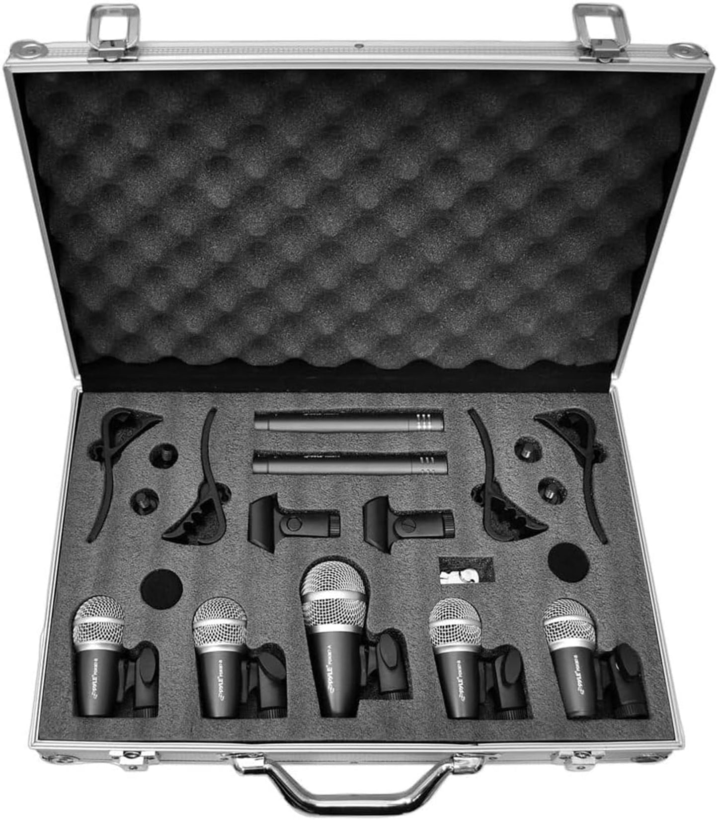 Pyle 7-Piece Wired Dynamic Kit-Kick Bass, Tom/Snare & Cymbals Microphone Set-for Drums, Vocal, & Other Instrument-Complete with Thread Clip, Inserts