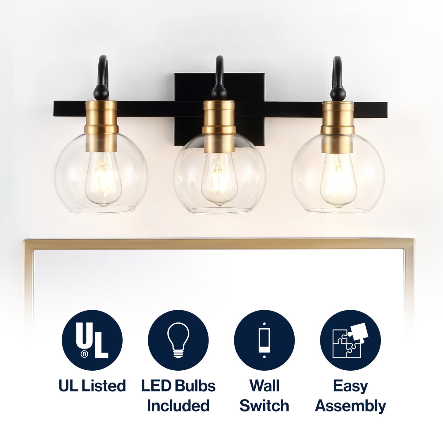 JONATHAN Y 21.5" Black/Brass Gold Vintage Wall Sconce, LED Vanity Light for Bathroom Bedroom Entryway, Clear Glass Globe Shade, Modern Industrial
