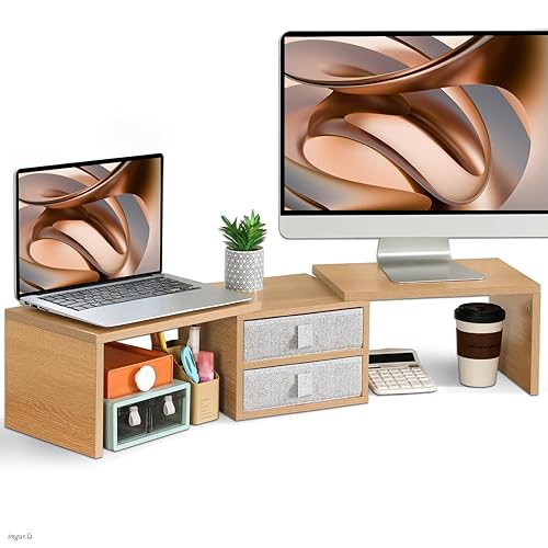 TEAMIX 42 inch Dual Monitor Stand Riser with 2 Drawers- Length and Angle Adjustable 3 Shelf Riser with Storage Desk Organizer Computer Monitor Stand