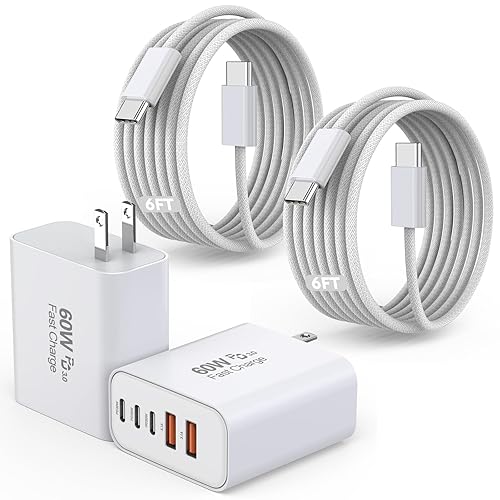 iPhone 17/16 Fast Charger Block,2 Pack 60W USB Charging Block 5-Port Charge Adapter for Apple iPhone Charger with 6FT USB C Woven Fast Charging Cable