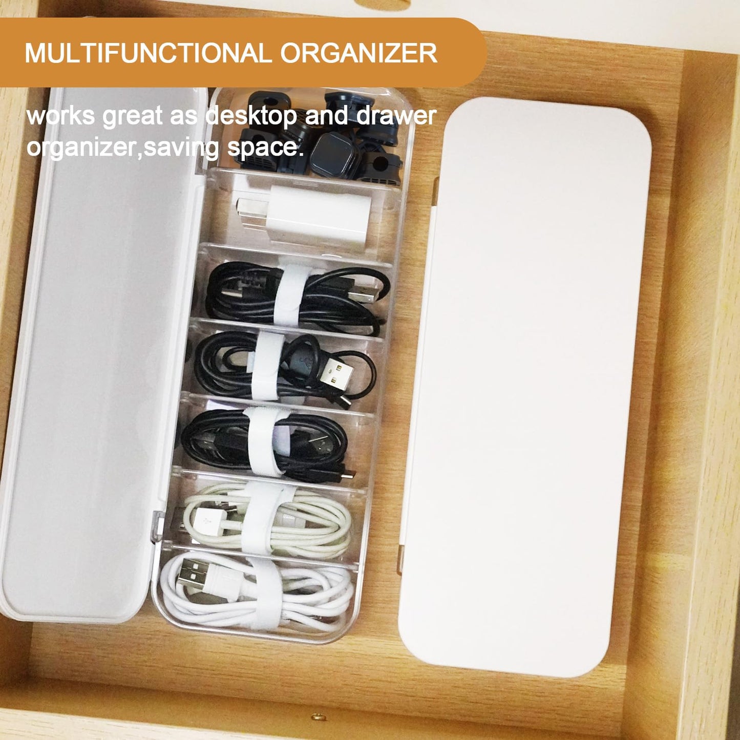 Asonen Cable Organizer Box with 14 Wire Ties and 6 Magnetic Cable Clips, Desktop Cord Management Box with Dividers and Lid for Home Office Storage