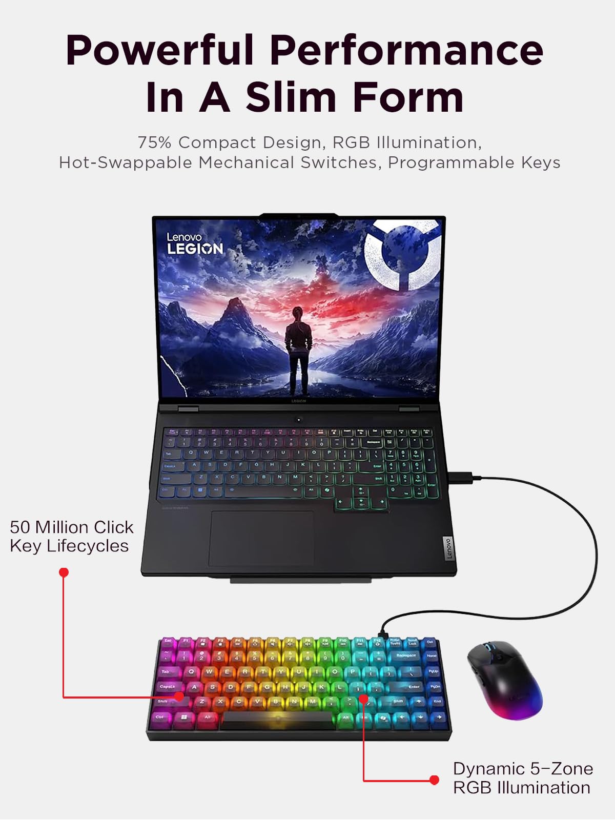 Lenovo Legion K510 Mini Pro Wired Mechanical Gaming Keyboard - 75% Compact Design, RGB Illumination, Hot-Swappable Mechanical Switches, Programable