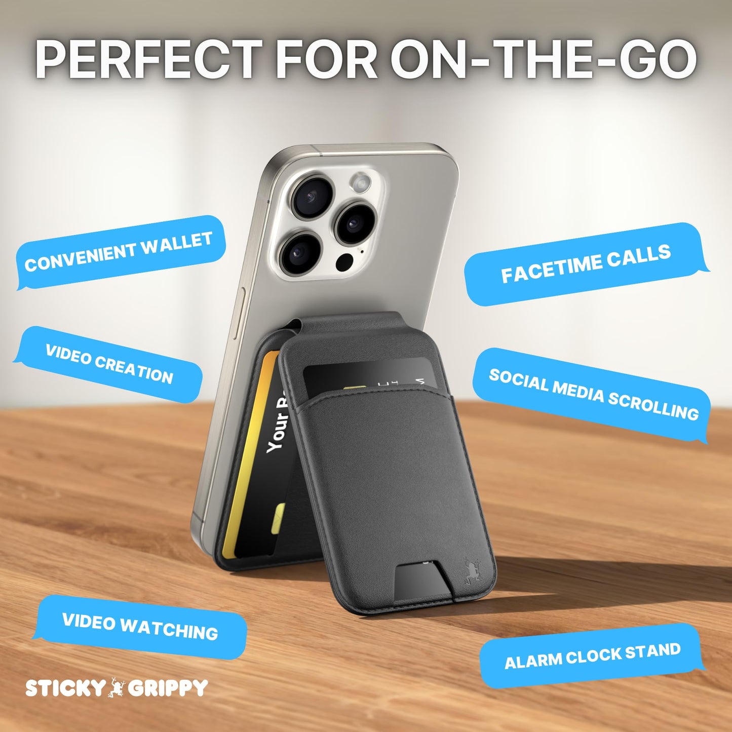 StickyGrippy MagSafe Wallet Phone Stand, iPhone Wallet with Adjustable Stand, for iPhone 16/15/14/13/12 Models, 5 Card Holder, ID Holder, Magsafe
