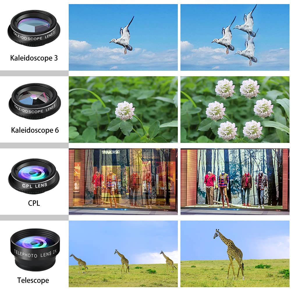 Phone Camera Lens Kit, 11 in 1 Cellphone Lens Kit for iPhone and Android, 0.63X Wide Angle+15X Macro+ 198°Fisheye+Telephoto+CPL/Flow/Radial/Star/Soft