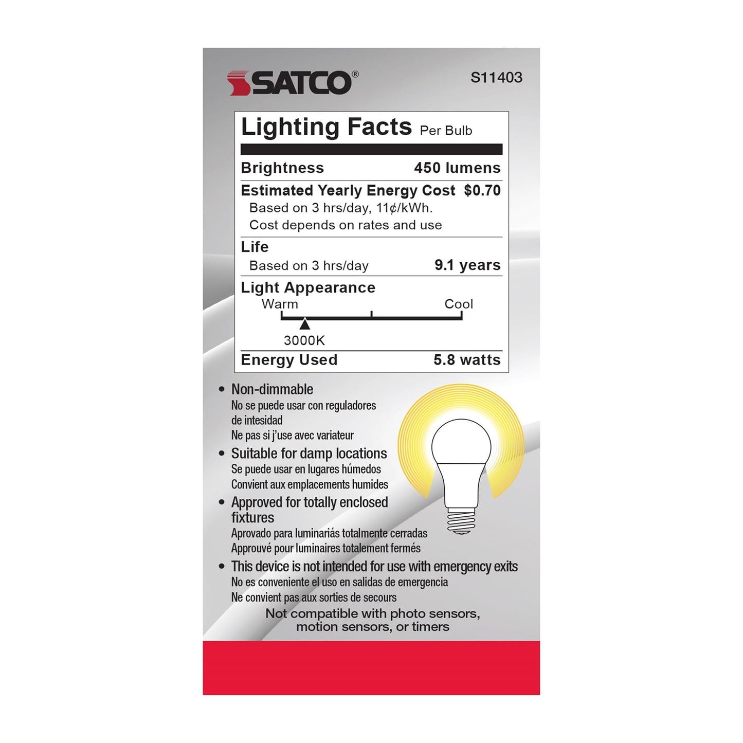 Satco 11403 5.8W LED A19 Light Bulb, 40W Replacement, 3000K Warm White, 450 Lumens