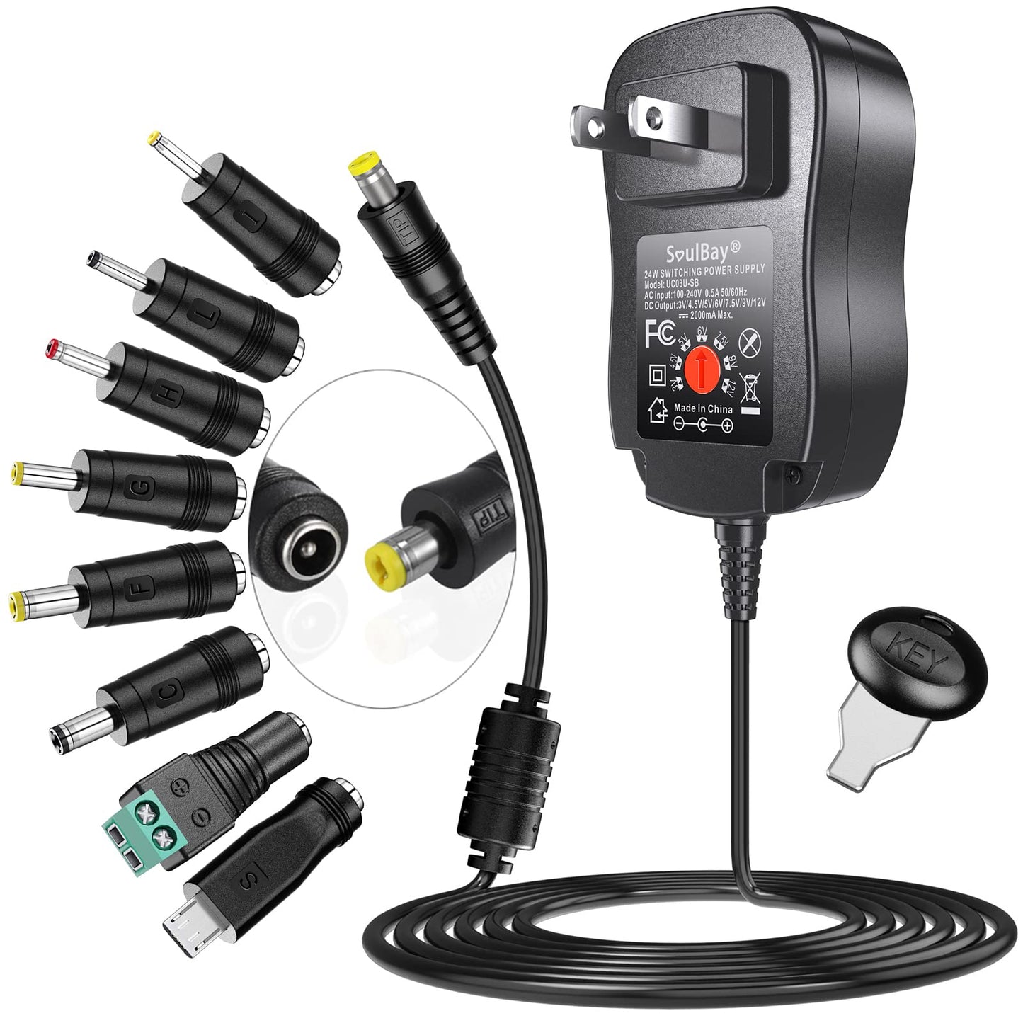 SoulBay 24W Universal AC/DC Adapter 12V 9V 7.5V 6V 5V 4.5V 3V Regulated Switching Power Supply with 8 Selectable Plugs for LED Strip Light Camera…