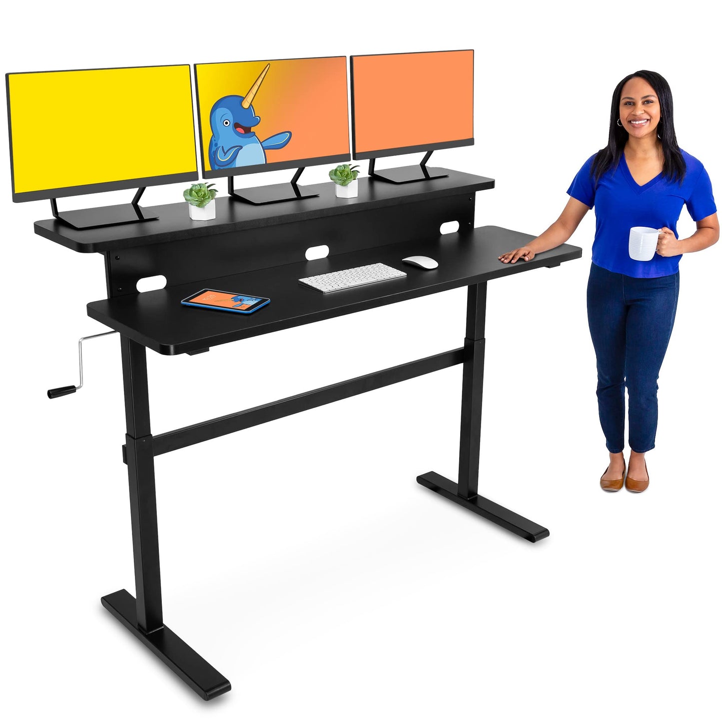 Stand Steady Tranzendesk | 55 Inch Dual Level Standing Desk with Shelf | Easy Crank Height Adjustable Sit to Stand Desk | Stand Up Workstation