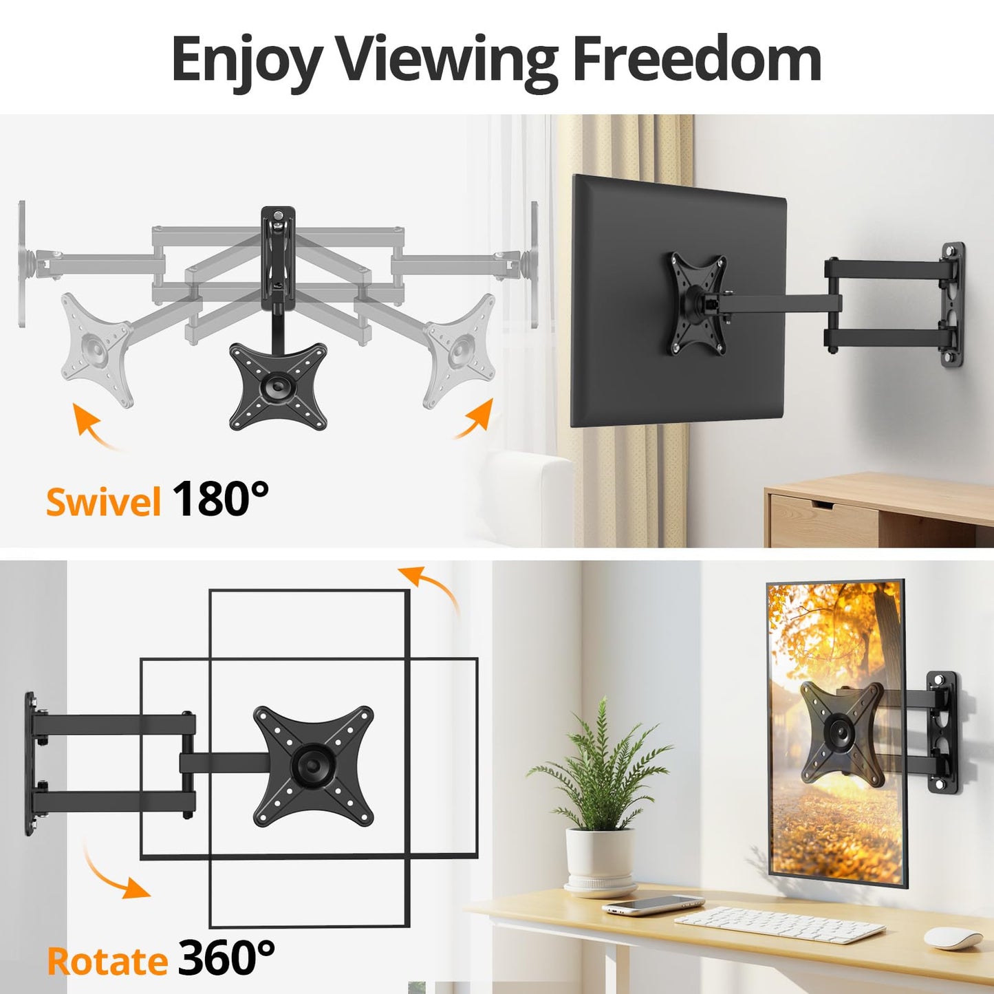 IWORKBOARD Full Motion TV Monitor Wall Mount Bracket for Most 13-32 Inch LED LCD Flat Curved Screen, Max VESA 100x100mm up to 33lbs, 360° Rotation