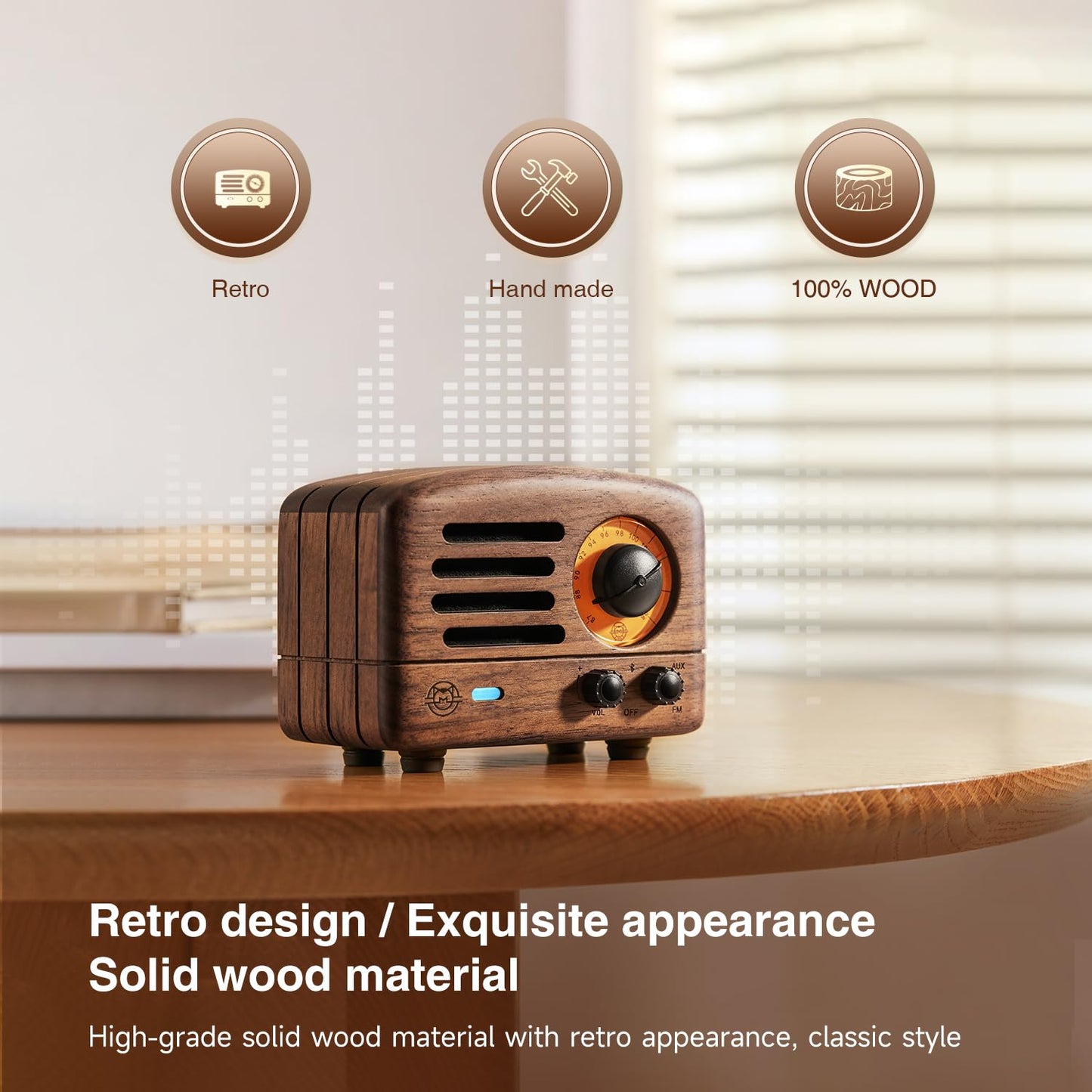 Muzen Portable Bluetooth Speaker, OTR Wood Vintage Small Wireless Speaker, FM Radio with Antenna AUX, 10h+ Long Playtime, High Fidelity Stereo Audio