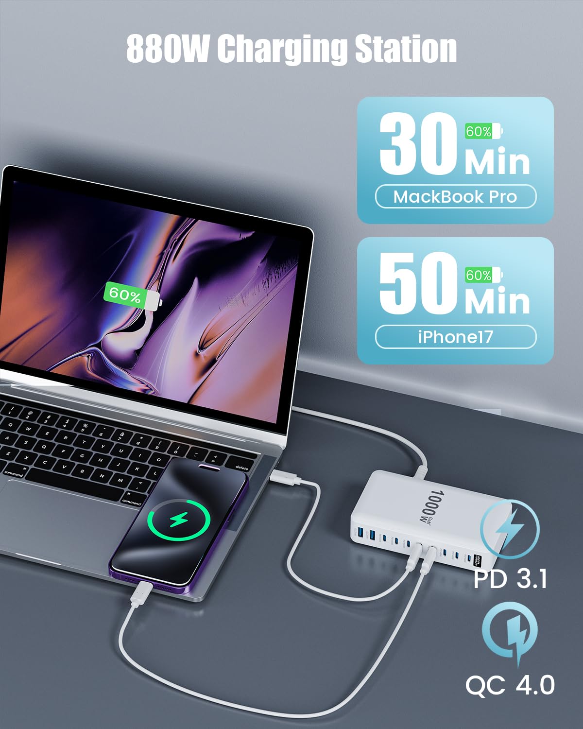 USB C Charger 1000W USB C Charger Block,Upgraded GaN IV 10-Port Charging Station Hub,Travel Essentials 140W Fast Charging Laptop Adapter for MacBook