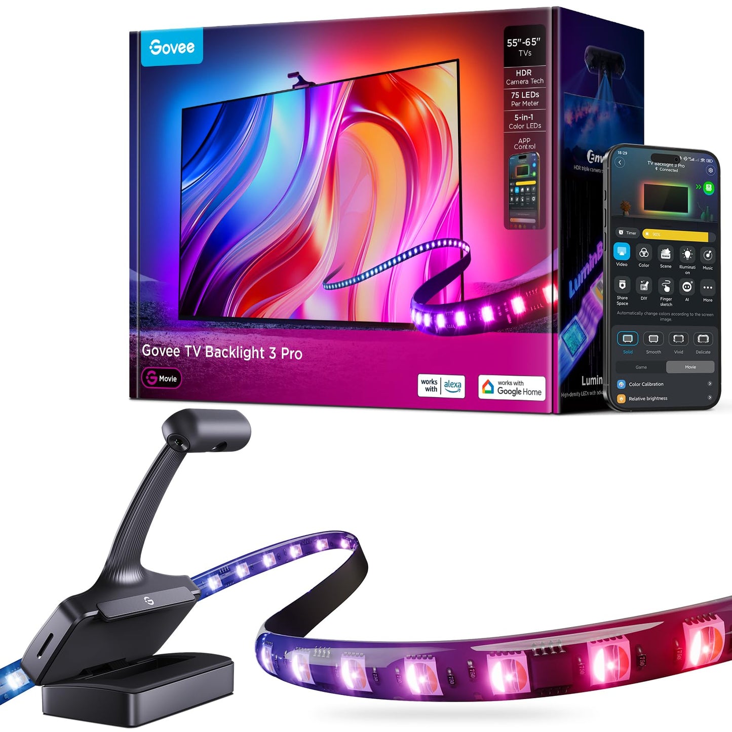 Govee TV Backlight 3 Pro with HDR Triple Camera, 11.8ft 5-in-1 RGBWWIC LED Strip Lights that Change with 55-65 Inch TVs, 75LEDs/m, Supports AI Filter