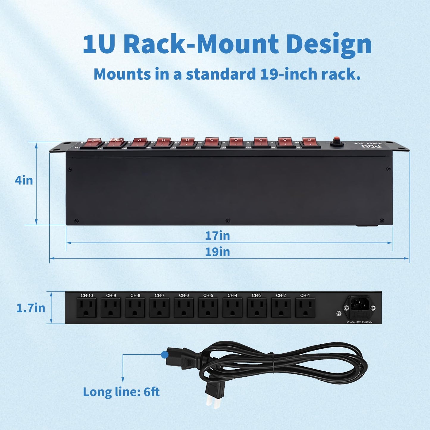 1U PDU Horizontal Rackmount Power Strip - Surge Protector 10 NEMA 5-15R Outlet 100V-240V/15A 1800 Joules, 10 Independent LED Switches, w/6 ft Cord