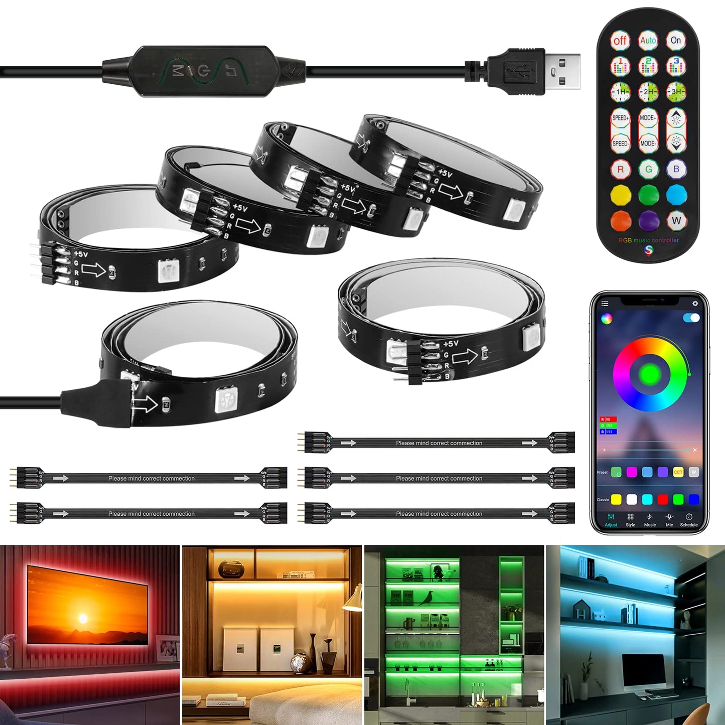 LED Strip Lights 10ft, 6 Pre-cut 1.64ft RGB LED Lights for 43-65 Inch TV, App Control TV LED Backlight with Remote, Music Sync USB Bias Lighting LED