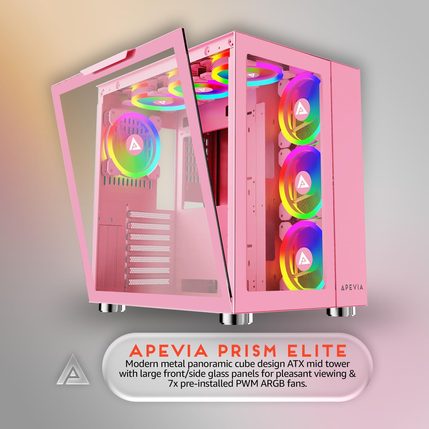 Apevia Prism-Elite-PK Prism Elite Mid Tower ATX Gaming PC Cube Case w/ 7X 120mm PWM ARGB Fans, 366 RGB Modes, Dual Tempered Glass Panels, 360mm