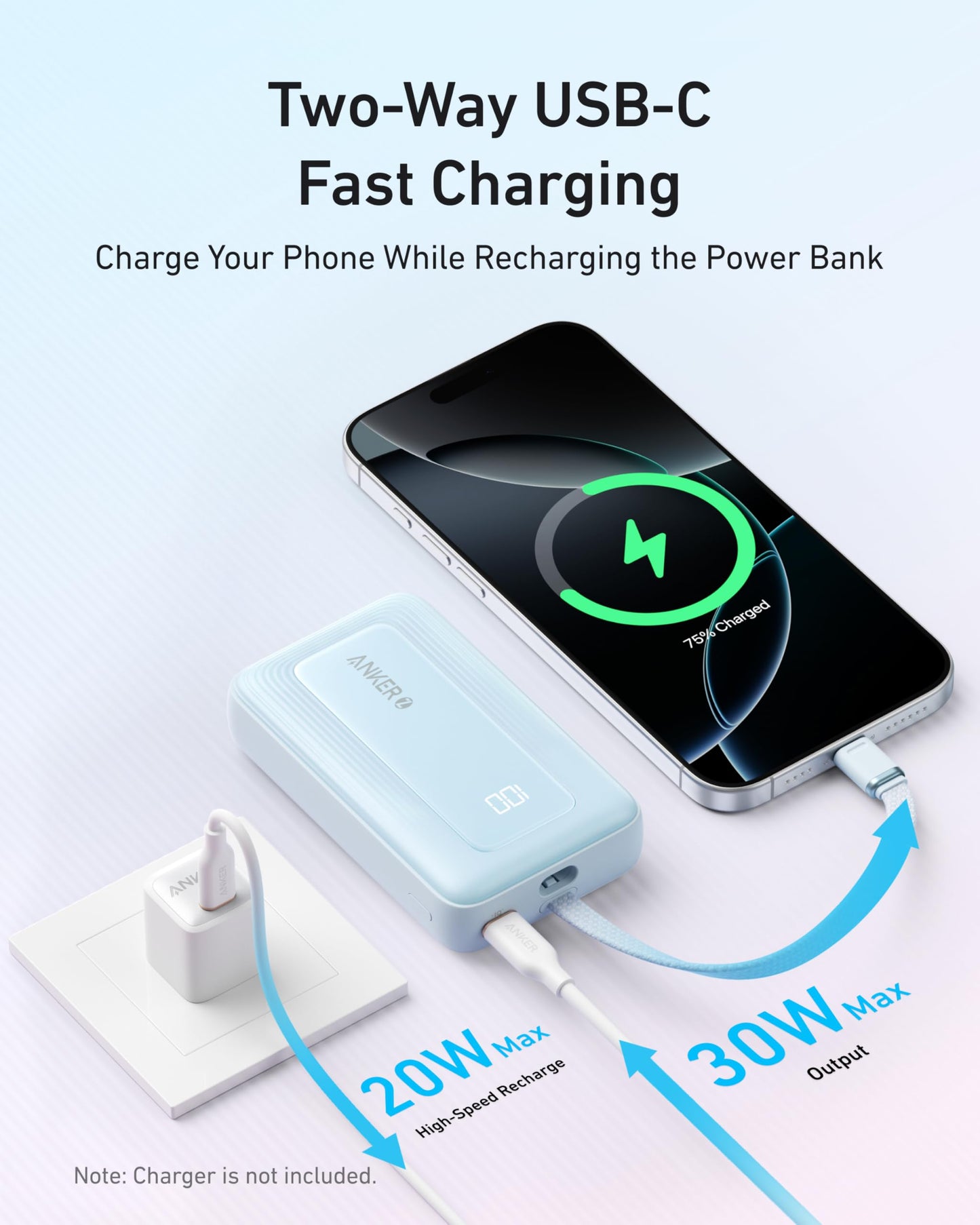 Anker Portable Charger, 10,000mAh 30W Power Bank, USB-C in and Out Fast Charging Battery Pack, Travel Essential Phone Power Bank, for iPhone 17/16