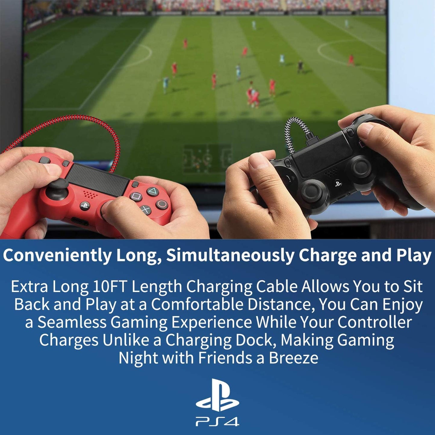 KOOWOD PS4 Controller Charger Charging Cable - 2 Pack 10FT Nylon Braided Micro USB 2.0 High Speed Data Sync Cord for PlayStation DualShock 4, Xbox One