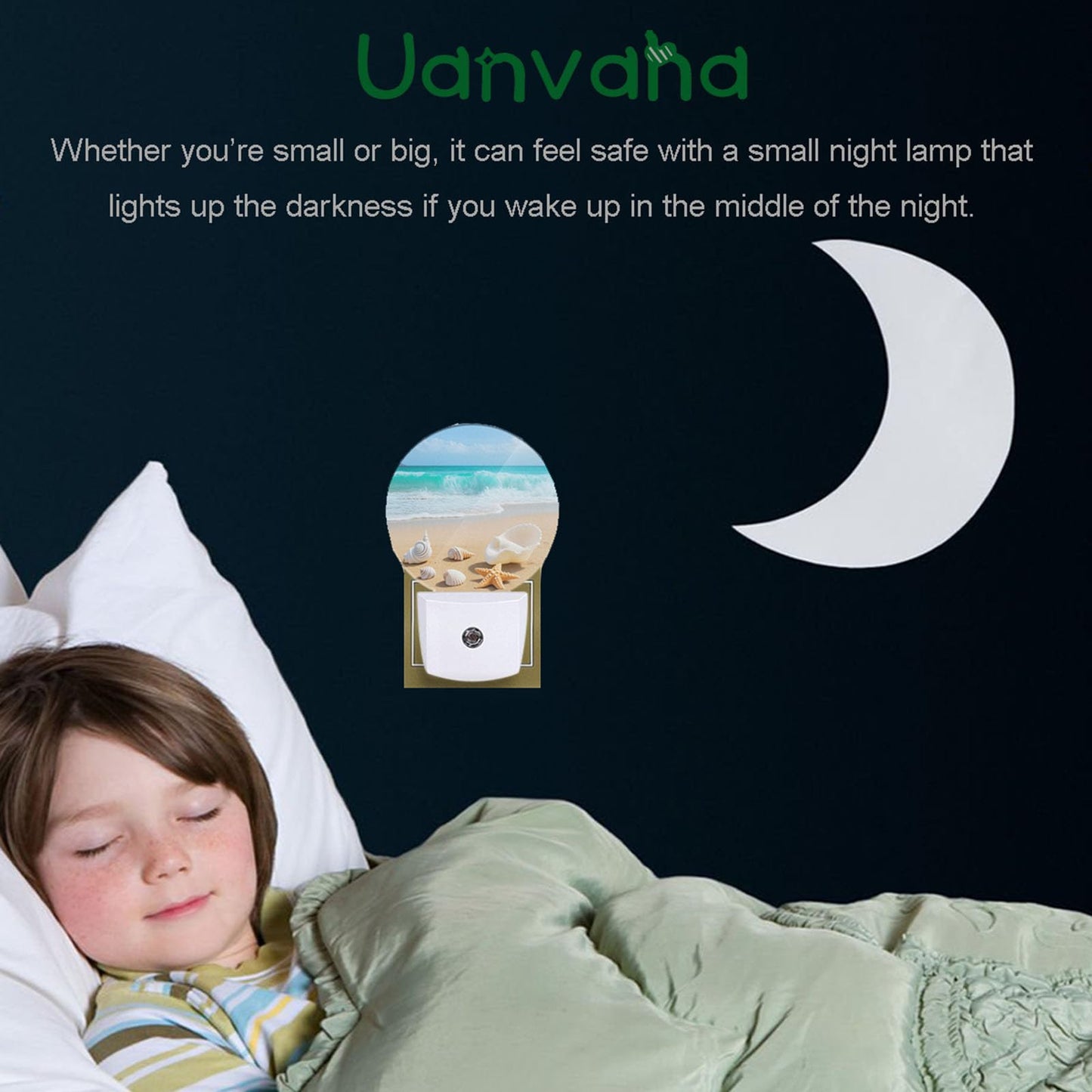 Uanvaha Seashell Nightlight Summer Beach Coral Starfish Blue Ocean Sea Waves Night Lights Plug into Wall Dusk to Dawn Sensor Round Night Light